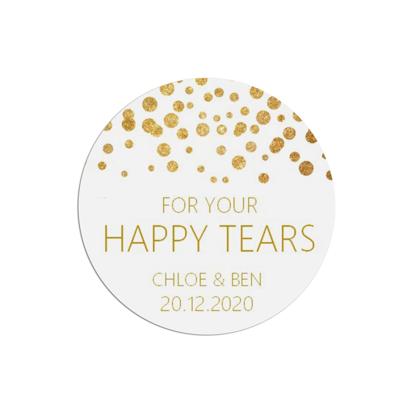 Happy Tears Tissues Wedding Stickers, Gold Effect 37mm Round Personalised x 35 Stickers Per Sheet