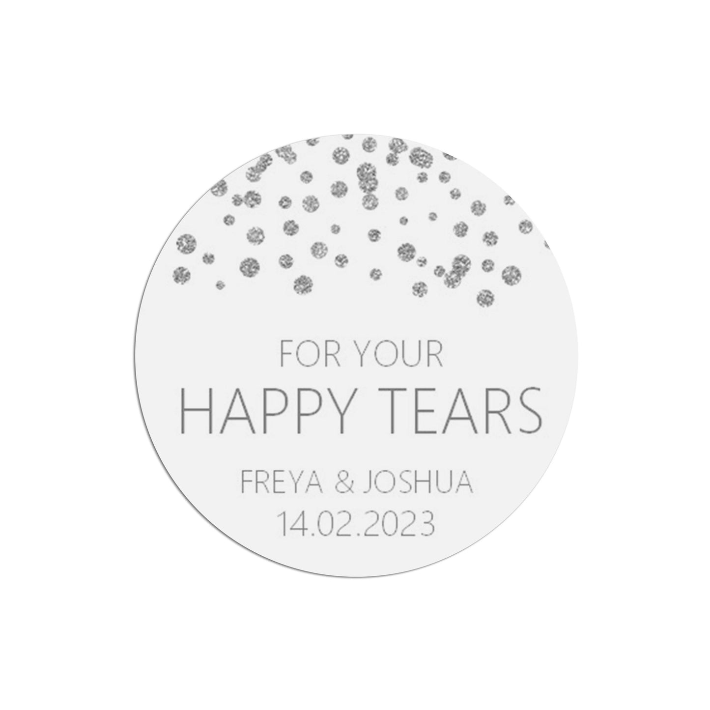 For Your Happy Tears Tissue Wedding Stickers, Silver Effect 37mm Round x 35 Stickers Per Sheet, Personalised At Bottom