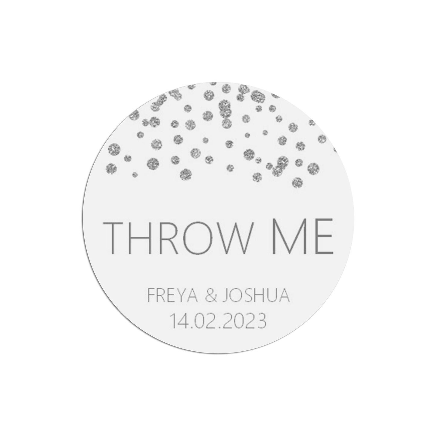 Throw Me Wedding Stickers, Silver Effect 37mm Round x 35 Stickers Per Sheet, Personalised At Bottom