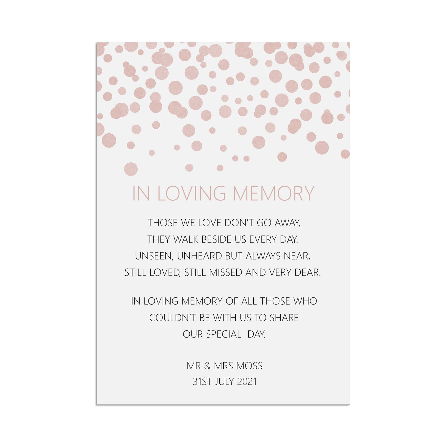Loving Memory Remembrance Wedding Sign, Blush Confetti Personalised A5, A4, Or A3