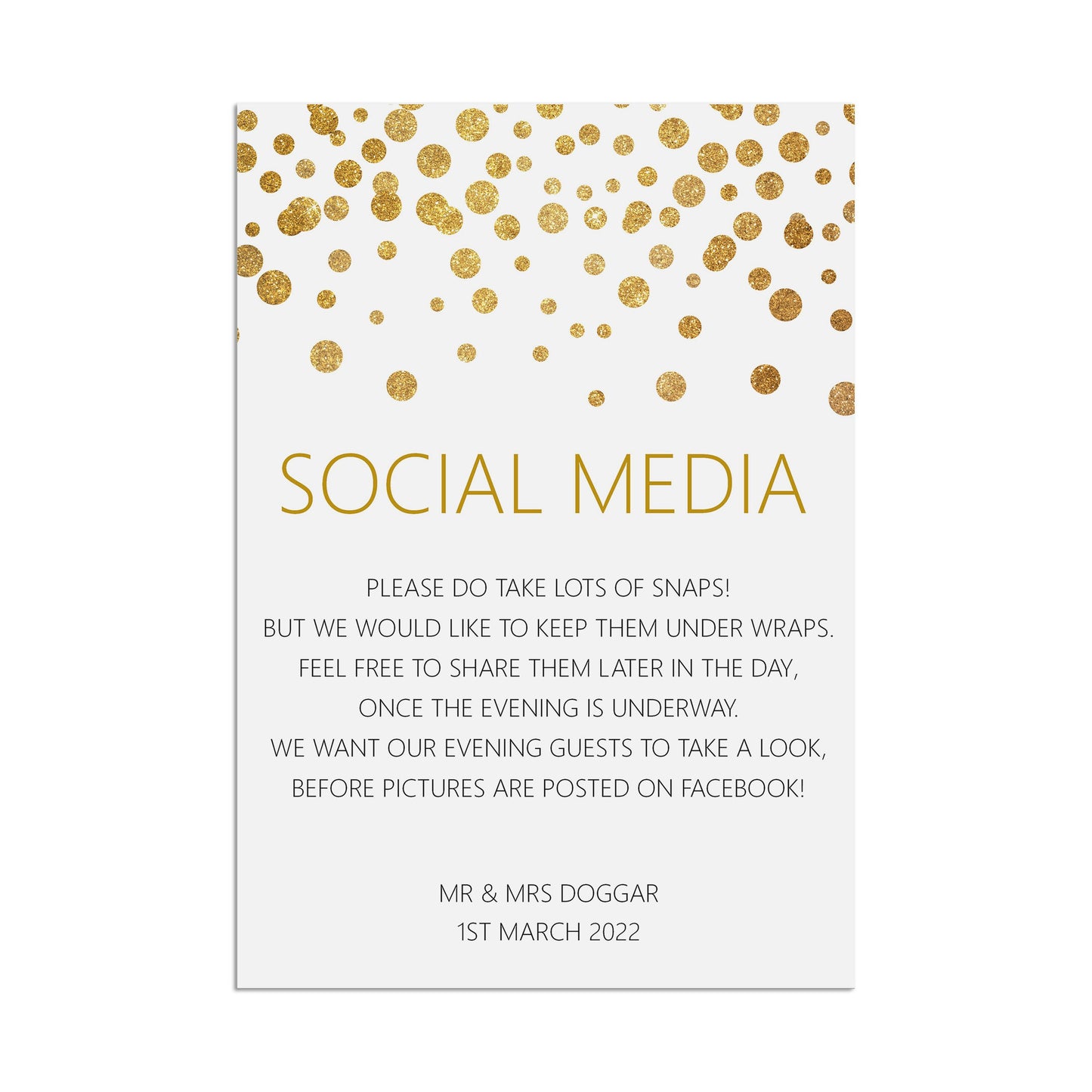 Wedding Sign - Social Media , Personalised Gold A5, A5 Or A3
