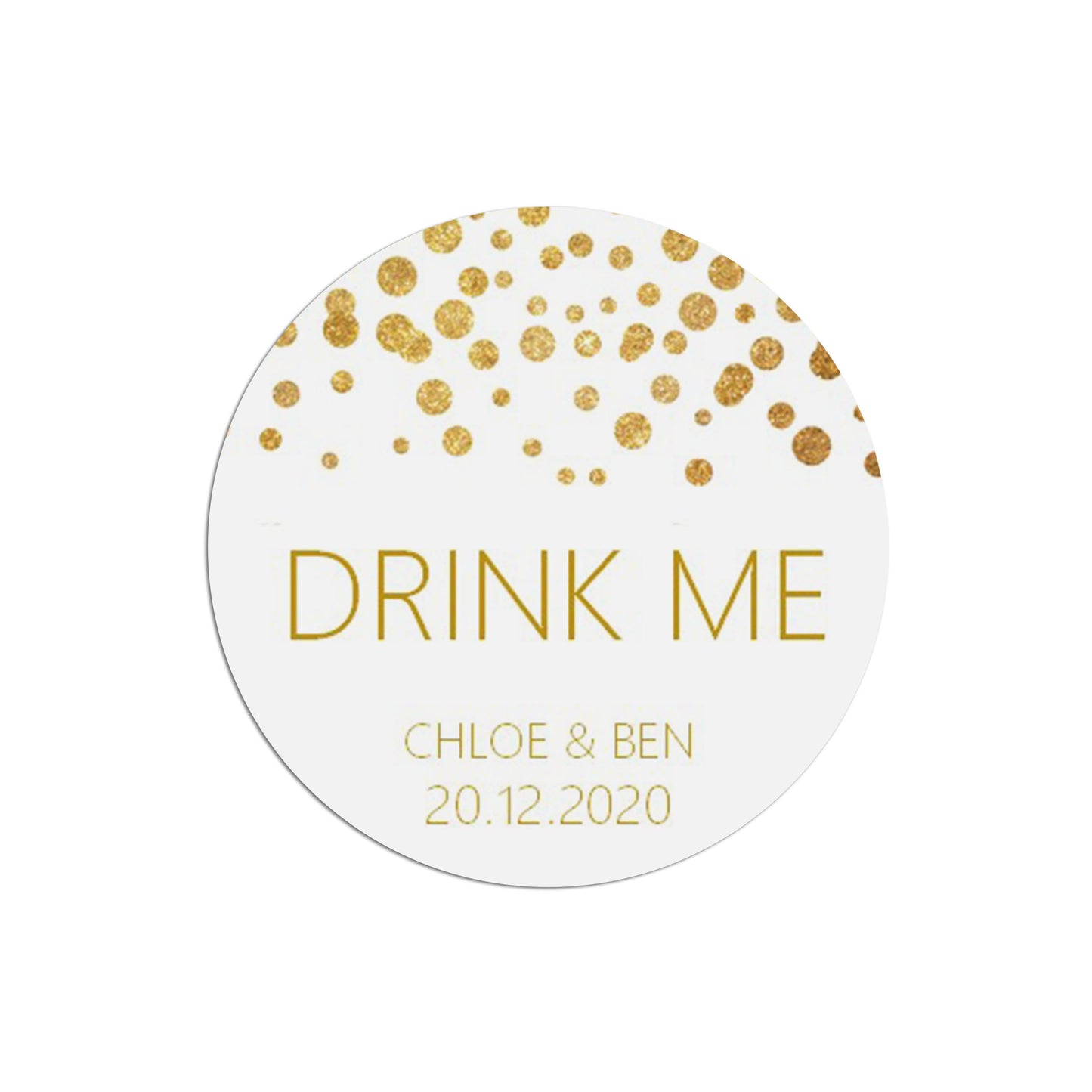 Drink Me Wedding Stickers, Gold Effect 37mm Round Personalised x 35 Stickers Per Sheet