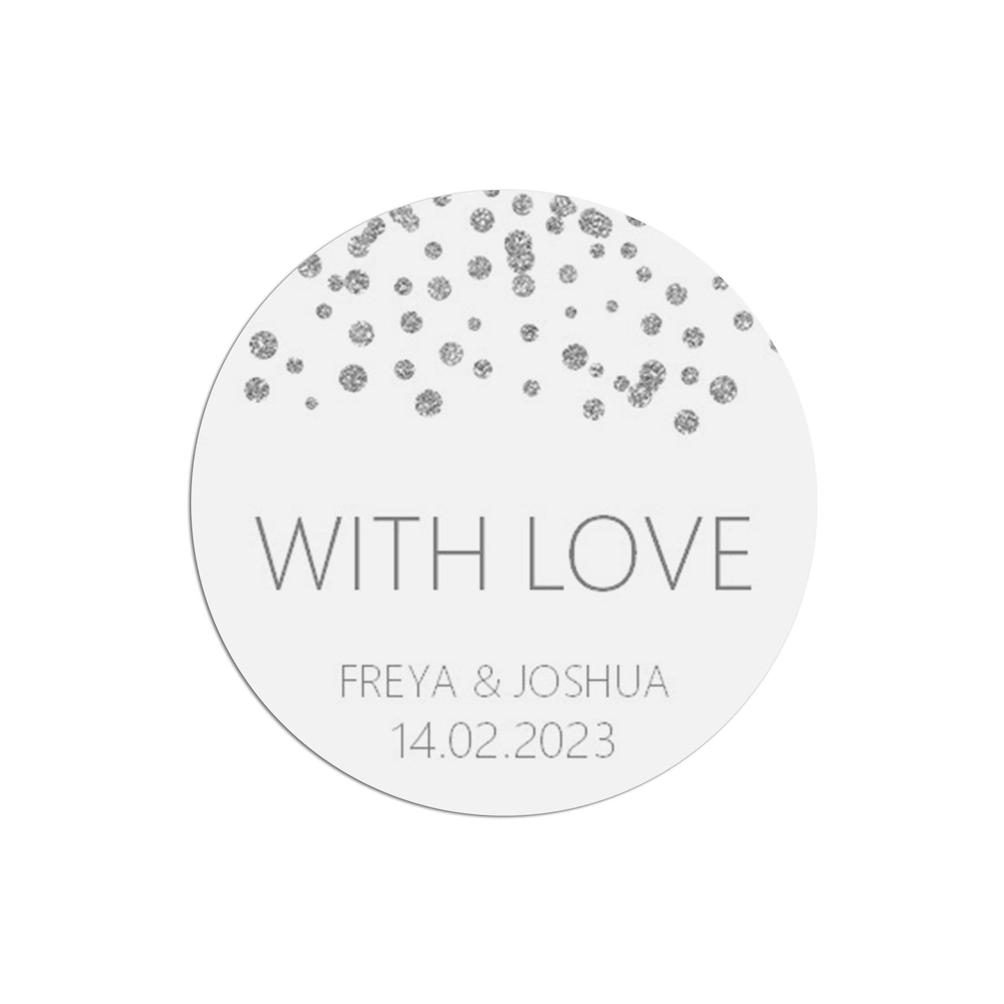 With Love Wedding Stickers, Silver Effect 37mm Round x 35 Stickers Per Sheet, Personalised At Bottom