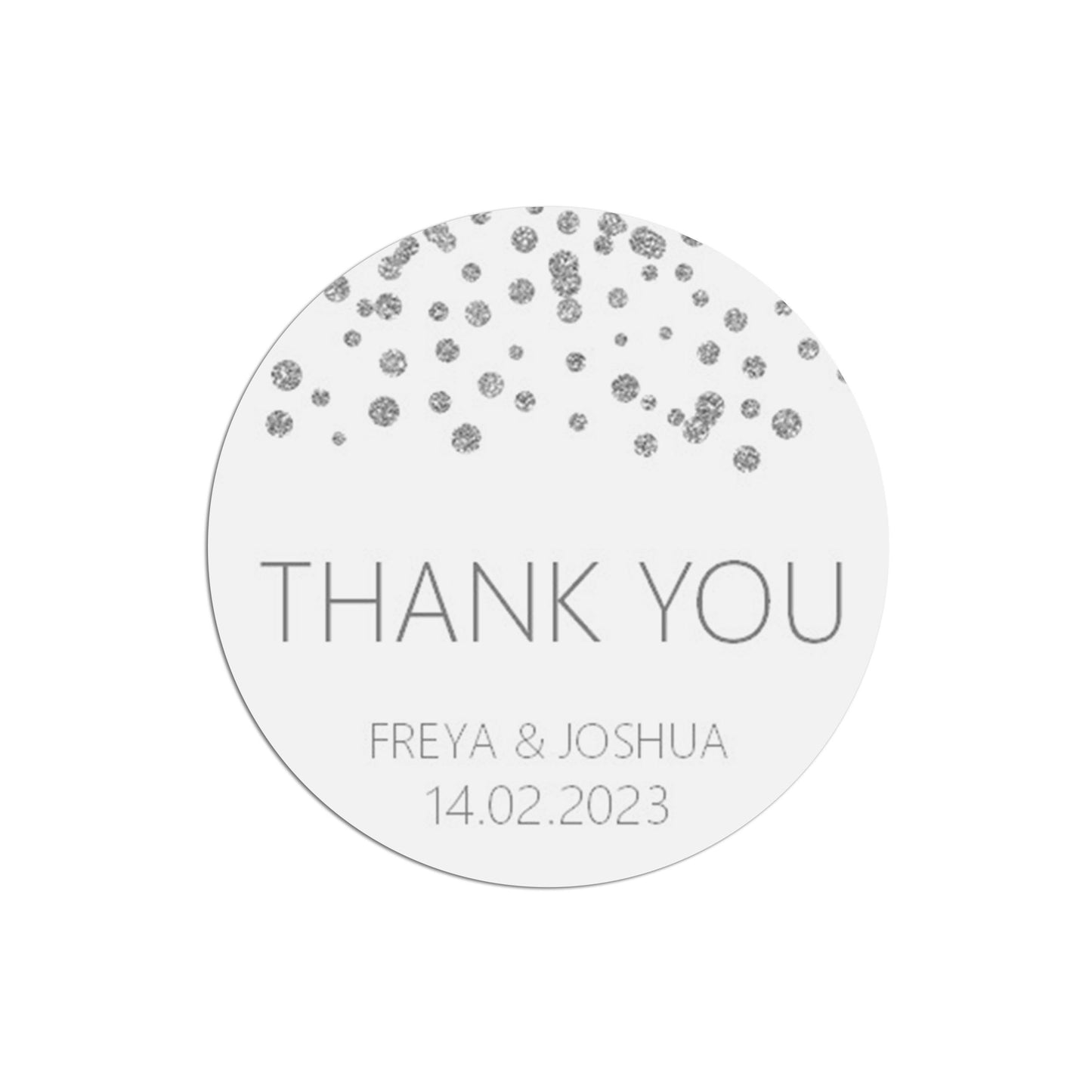 Thank You Wedding Stickers, Silver Effect 37mm Round x 35 Stickers Per Sheet, Personalised At Bottom
