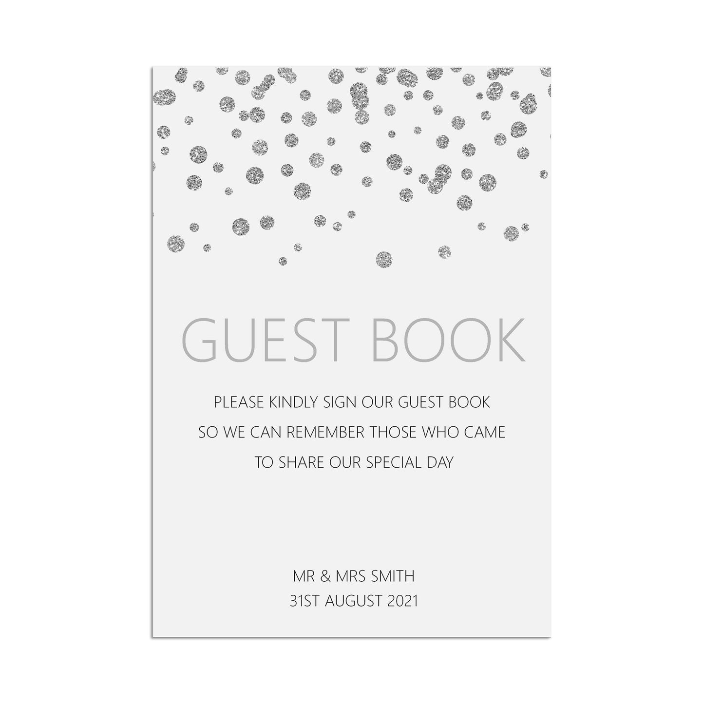 Guest Book Wedding Sign, Silver Effect Personalised & Printed A5, A4 Or A3