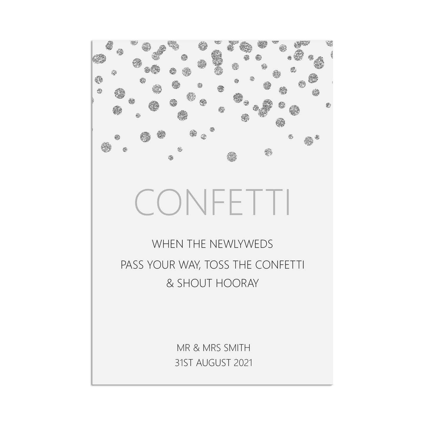 Confetti Wedding Sign, Personalised Silver Effect A5, A4 Or A3 Sign