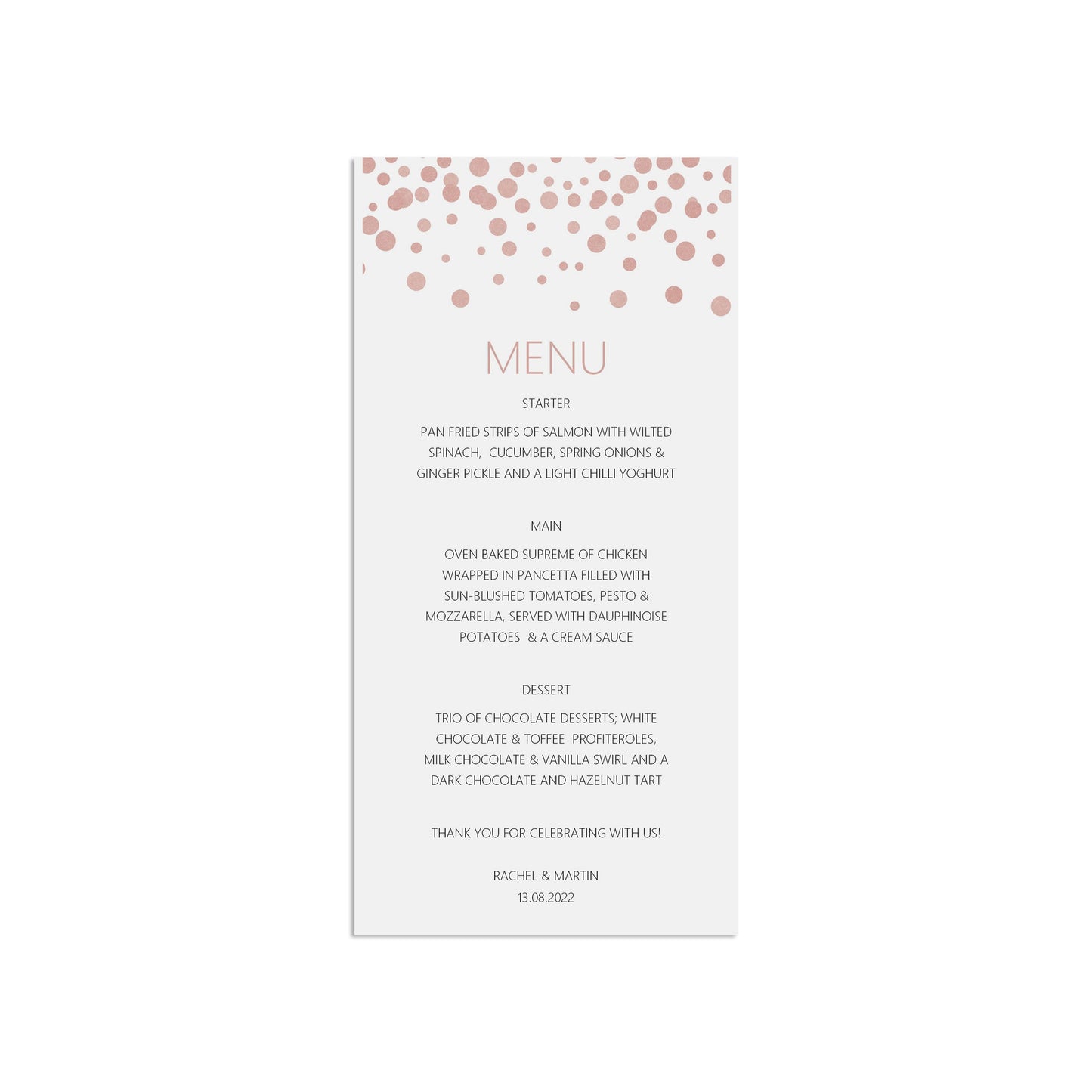 Printed Wedding Menu, Blush Confetti Menu Cards