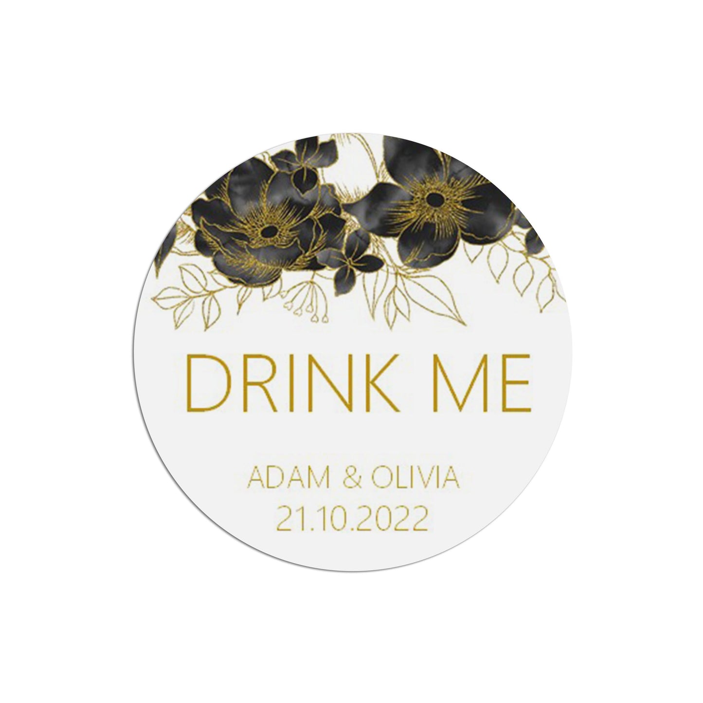 Drink Me Black & Gold Stickers 37mm Round x 35 Personalised Stickers Per Sheet