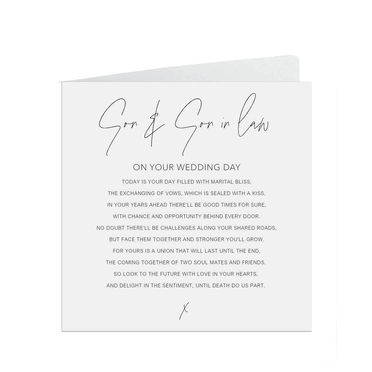 Son & Son In Law On Your Wedding Day Card, Black and White Minimalist 6x6 Inches In Size With A White Envelope
