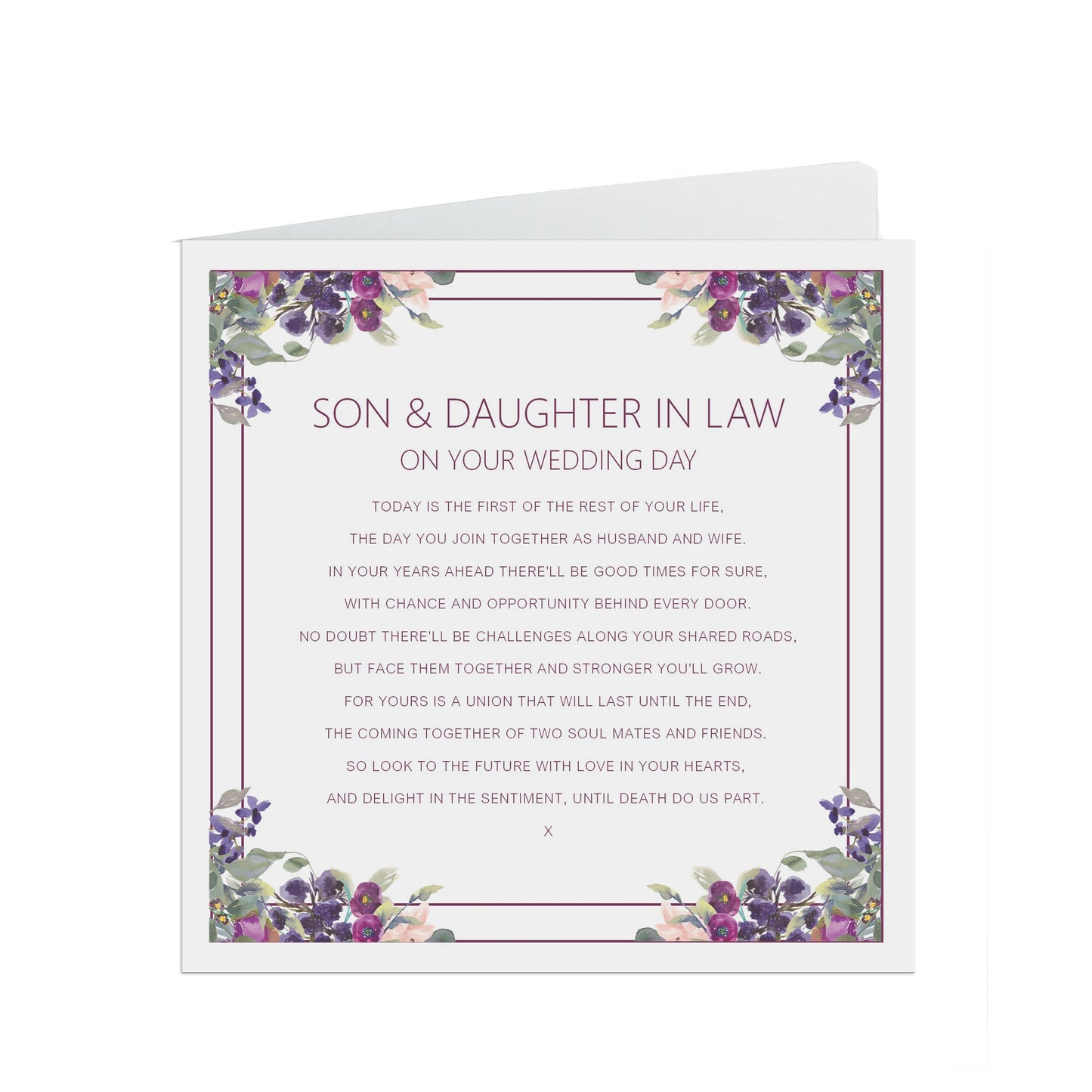 Son & Daughter In Law On Your Wedding Day Card, Purple Floral Design 6x6 Inches With A Kraft Envelope
