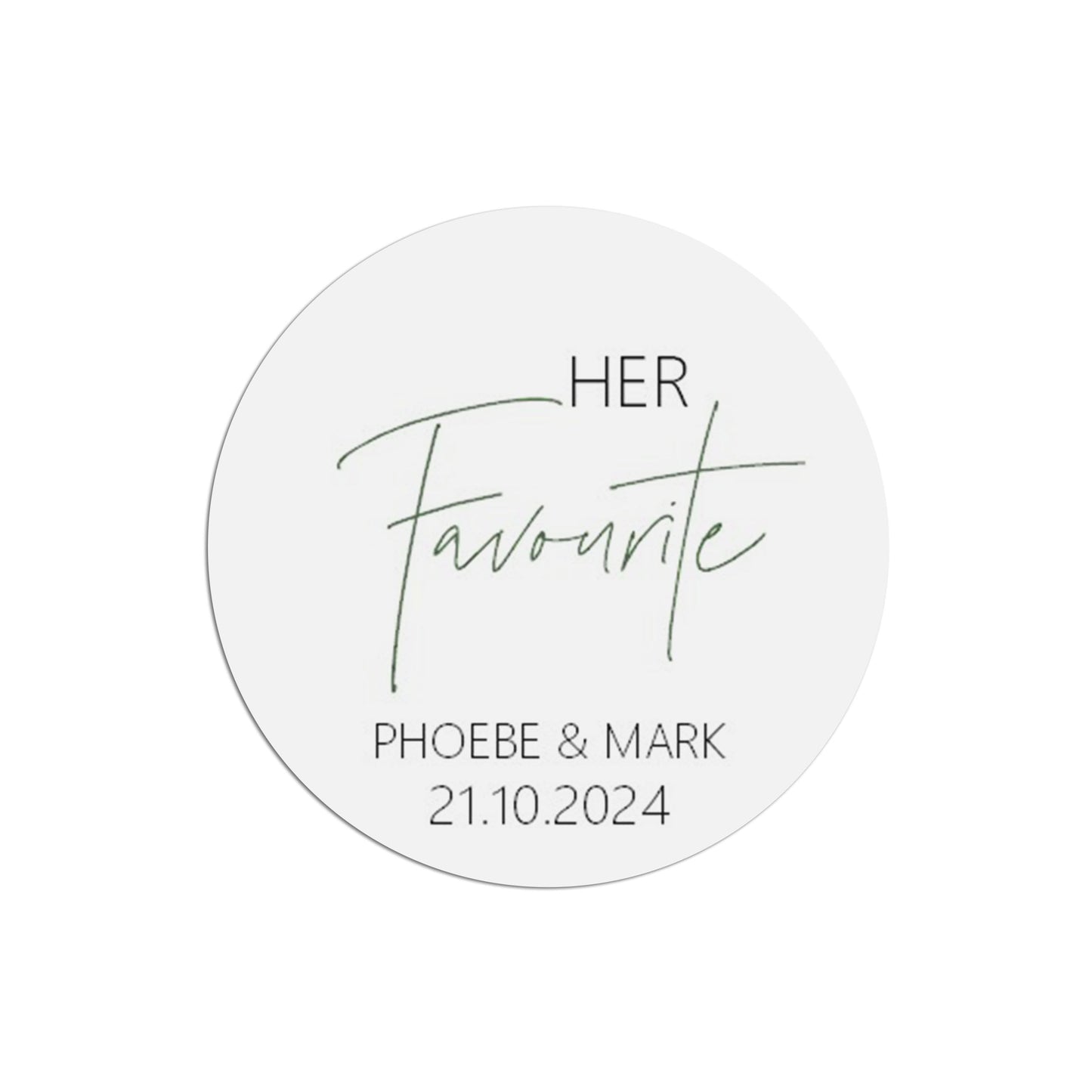 Her Favourite Wedding Sticker, Black & White 37mm Round With Personalisation At The Bottom x 35 Stickers Per Sheet