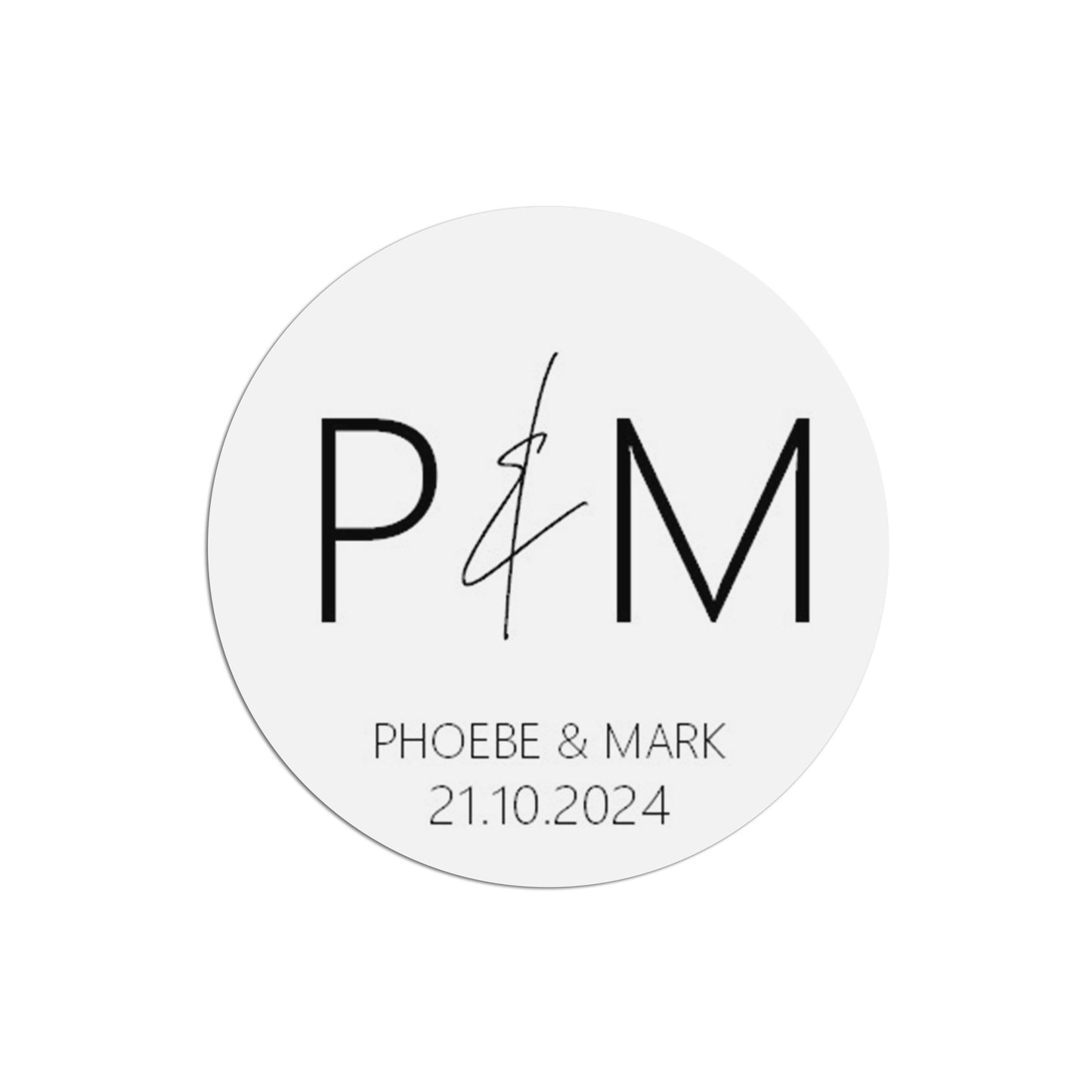 Monogram Initials Wedding Sticker, Black & White 37mm Round With Personalisation At The Bottom x 35 Stickers Per Sheet
