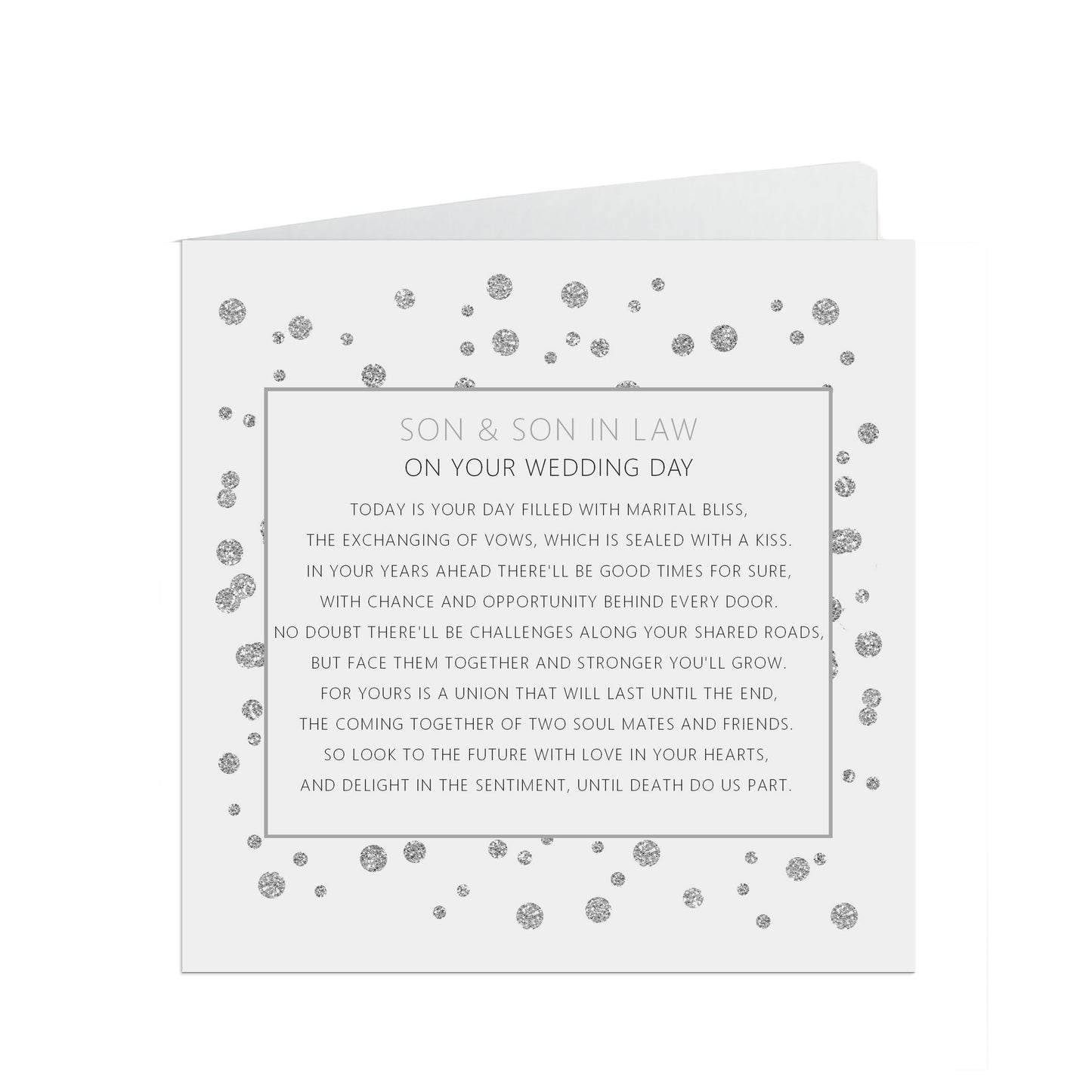 Son & Son In Law On Your Wedding Day Card, Silver 6x6 Inches With A White Envelope