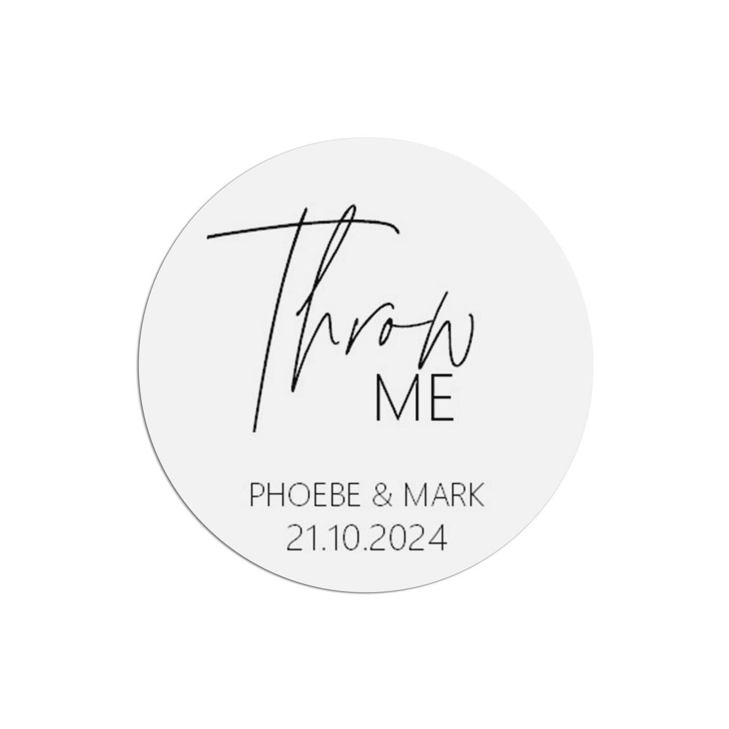 Throw Me Wedding Sticker, Black & White 37mm Round With Personalisation At The Bottom x 35 Stickers Per Sheet