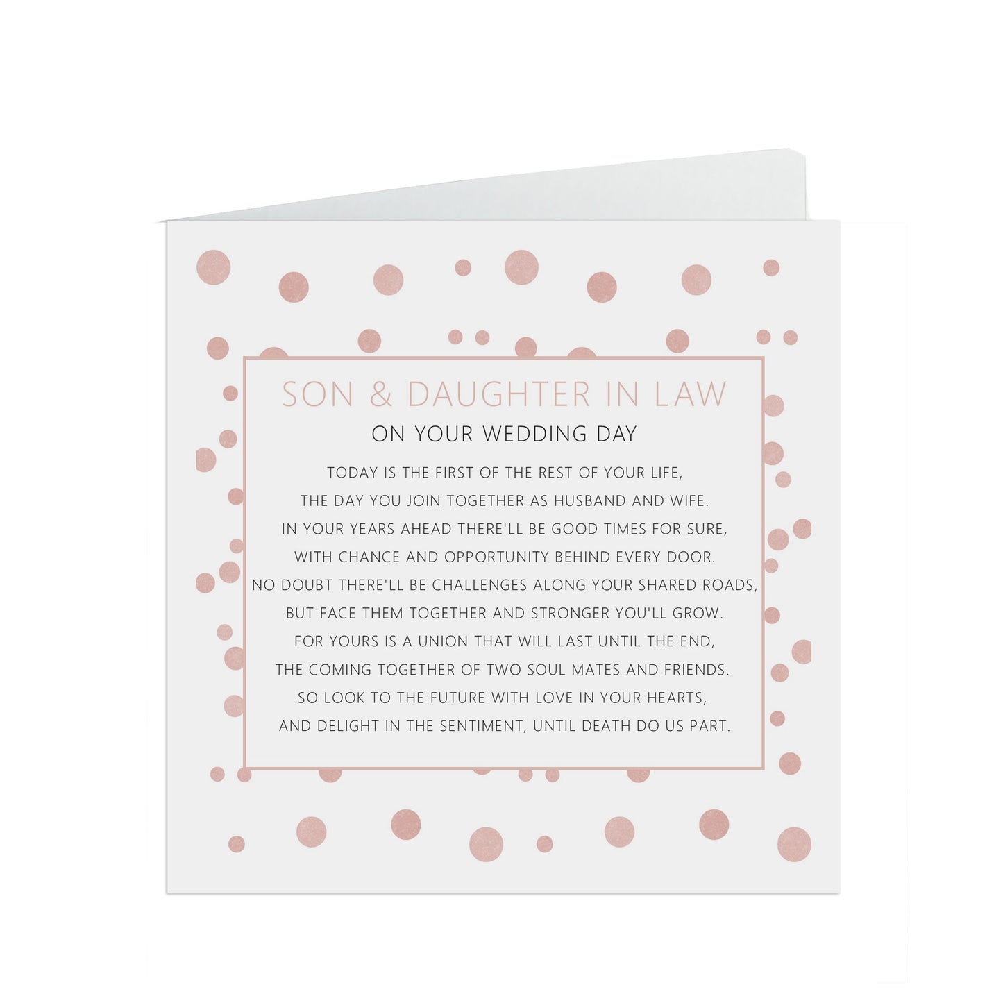 Son & Daughter In Law On Your Wedding Day Card, Rose Confetti 6x6 Inches In Size With A White Envelope