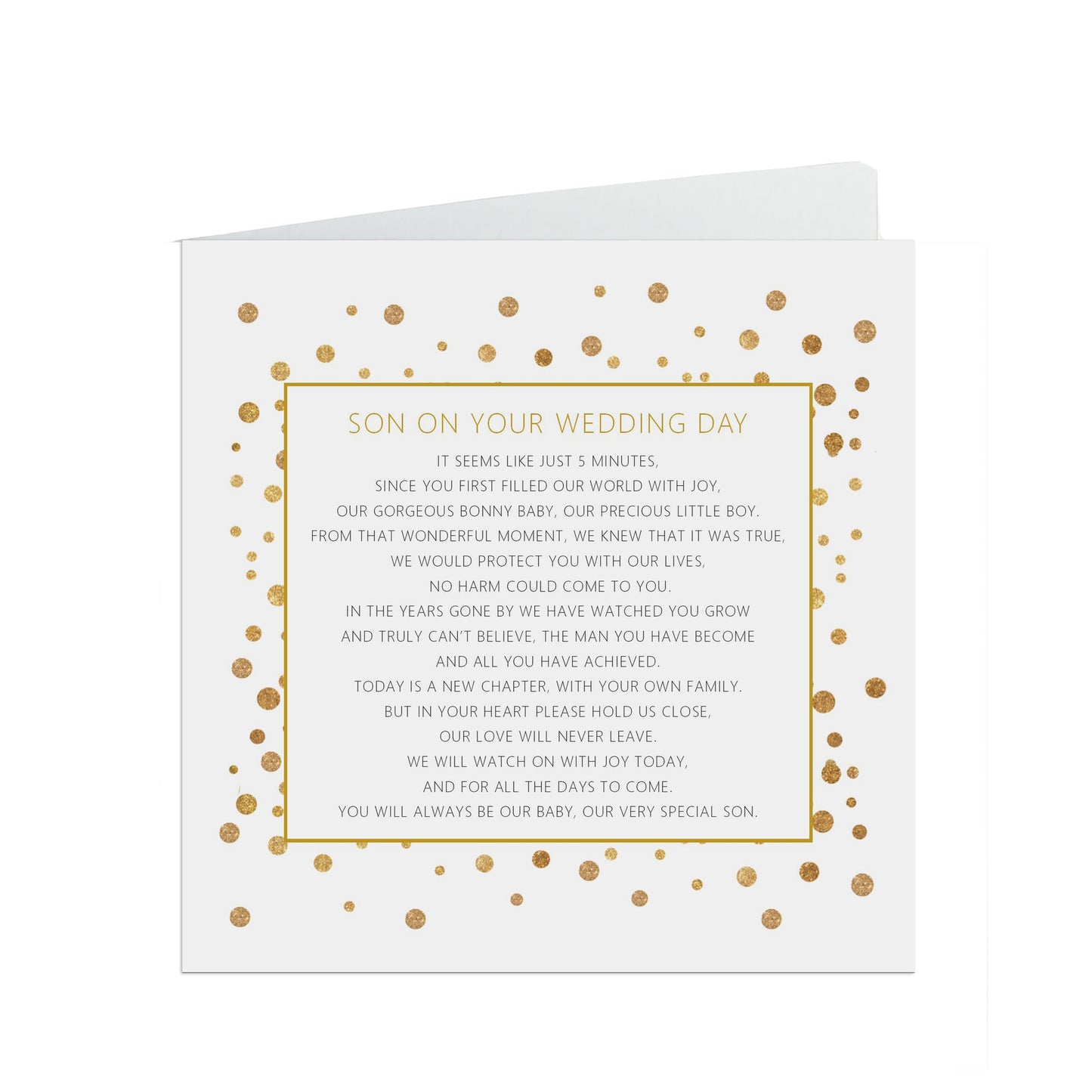Son On Your Wedding Day Card, Gold Confetti 6x6 Inches With A White Envelope
