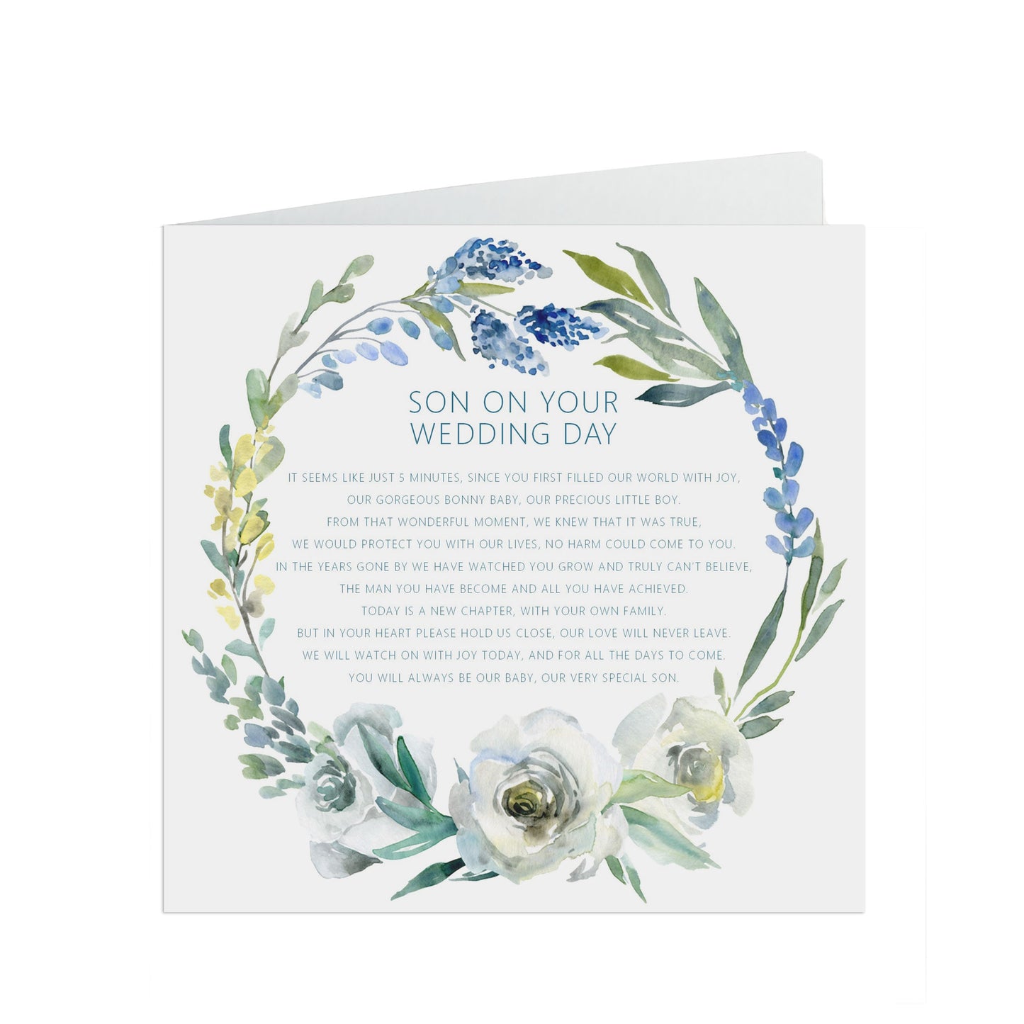 Blue Floral Son Wedding Day Card - 6x6 Inch Card With Kraft Envelope