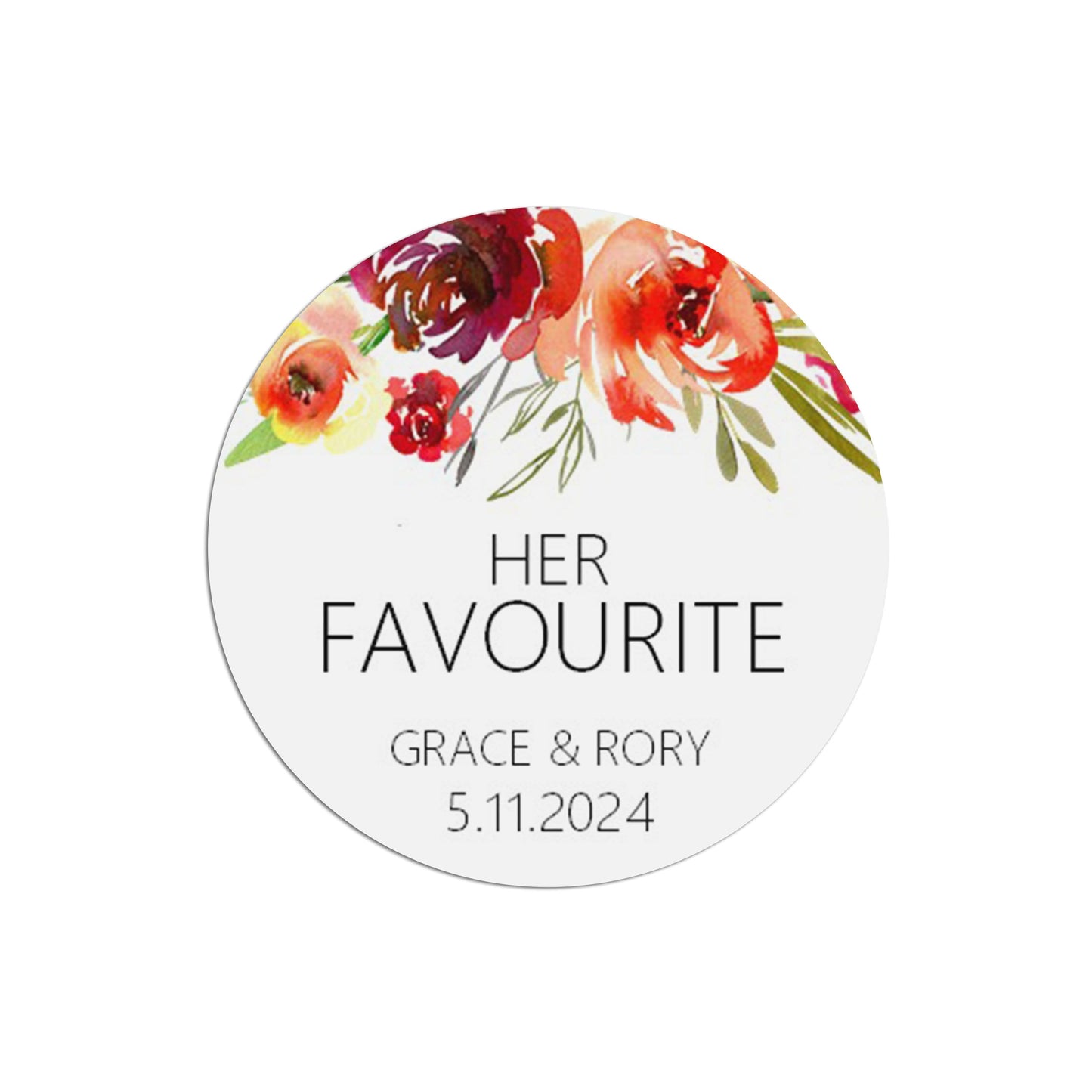 Wedding Favour Stickers, Red Floral 'Her Favourite' - Personalised, 35 Stickers Per Sheet, 37mm Round