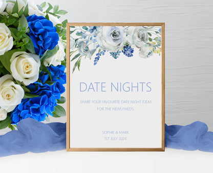 Date Night Ideas Wedding Sign - Blue Floral