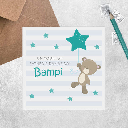 Bampi 1st Father's Day Card, Teddy With Balloon First Father's Day For Bampi