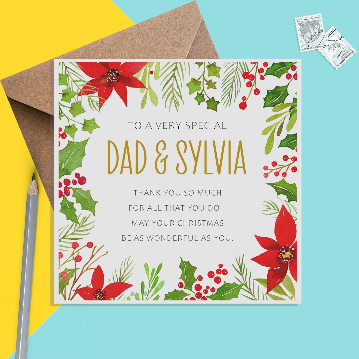 Dad And Partner Christmas Card, Traditional Personalised Poinsettia Design - PMPrinted