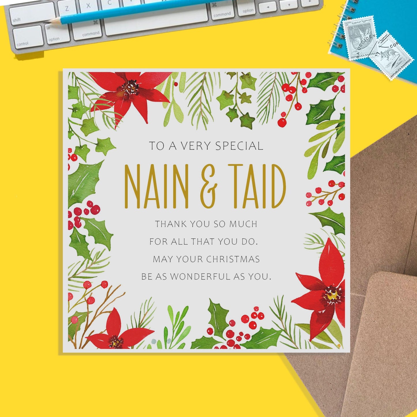 Nain & Taid Christmas Card, Traditional Poinsettia Design - PMPrinted