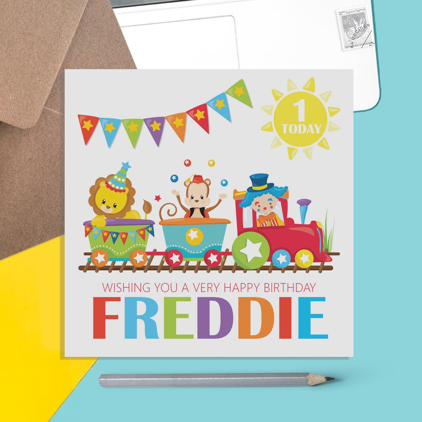 Children's Circus Train Birthday Card Personalised With Name And Age For Son, Nephew Or Grandson - PMPrinted