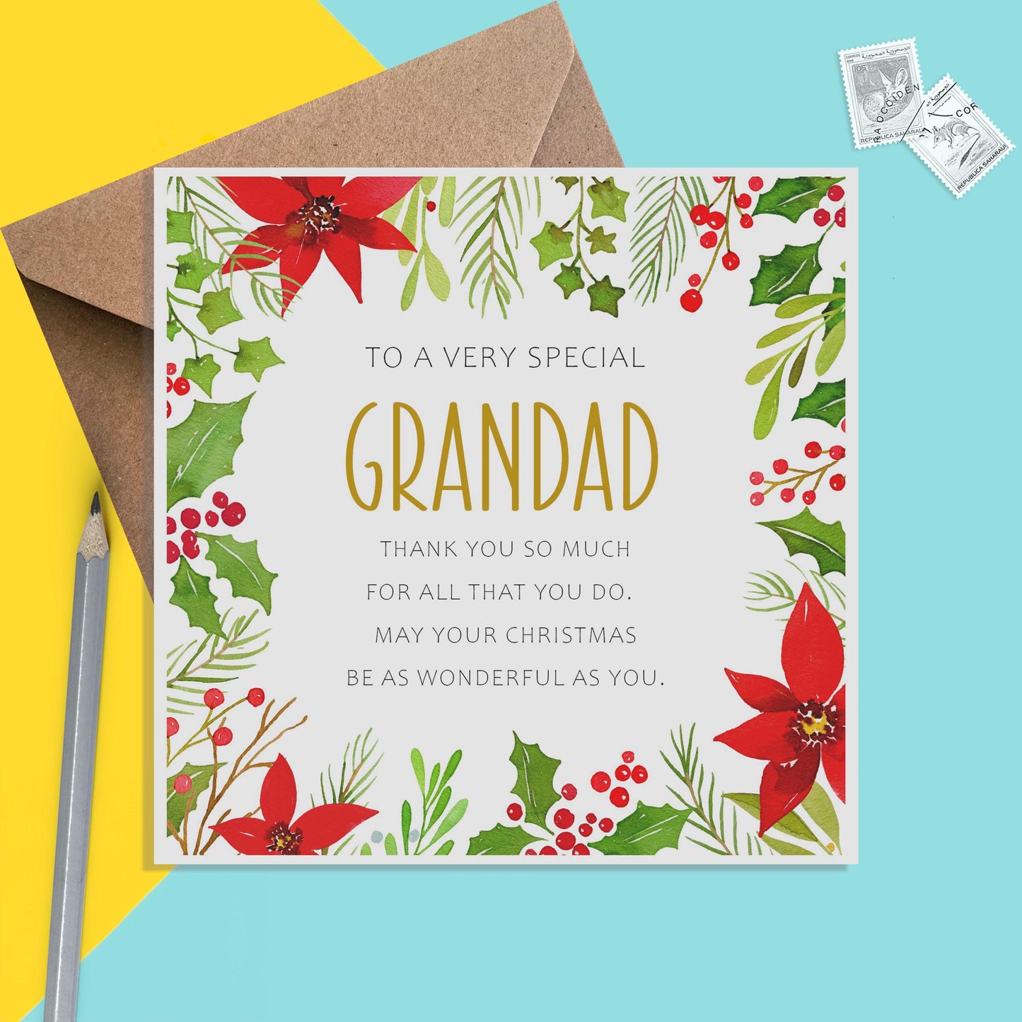 Grandad Christmas Card, Traditional Poinsettia Design - PMPrinted