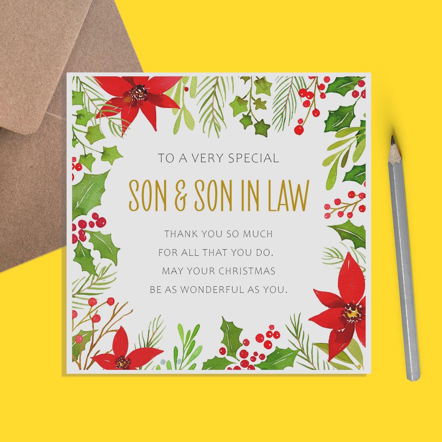 Son and Son In Law Christmas Card, Traditional Poinsettia Design - PMPrinted