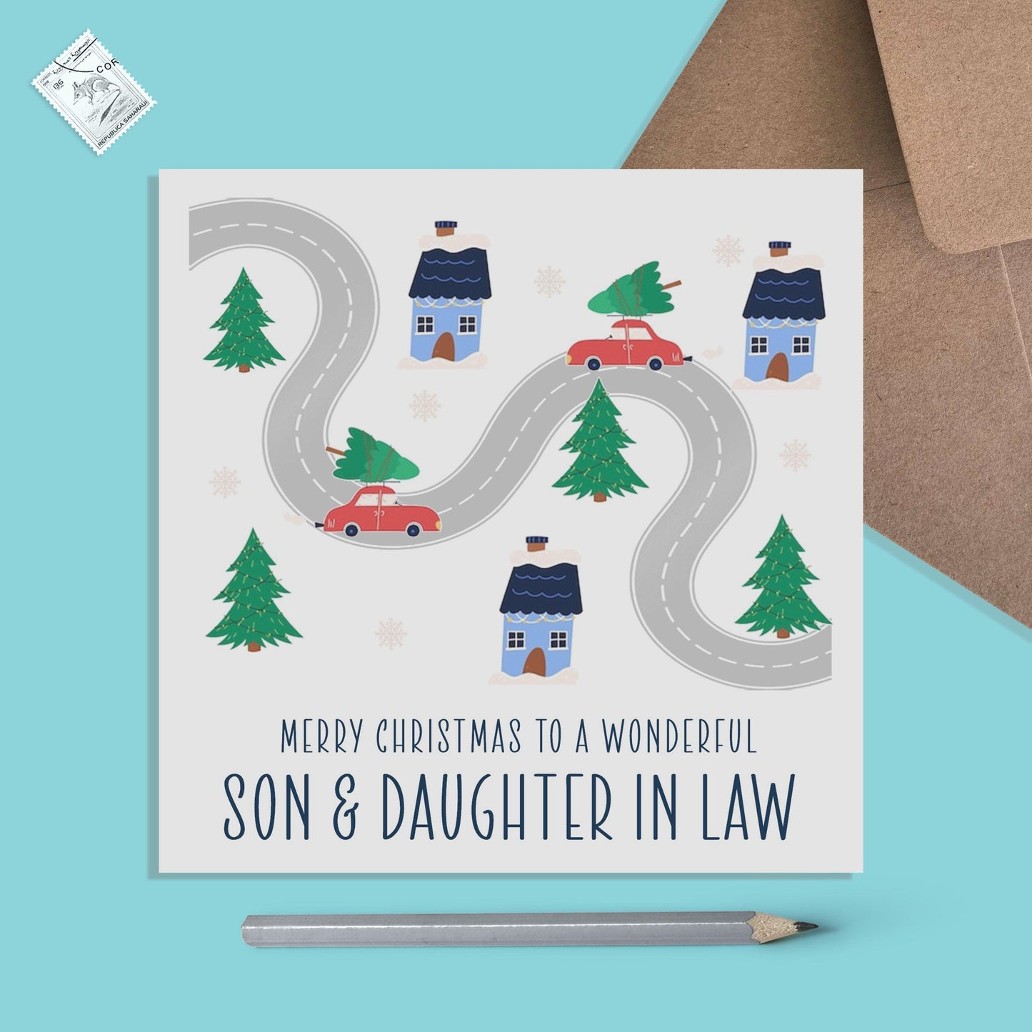 Son And Daughter In Law Christmas Card, Snowy Scene Scandi Design - PMPrinted