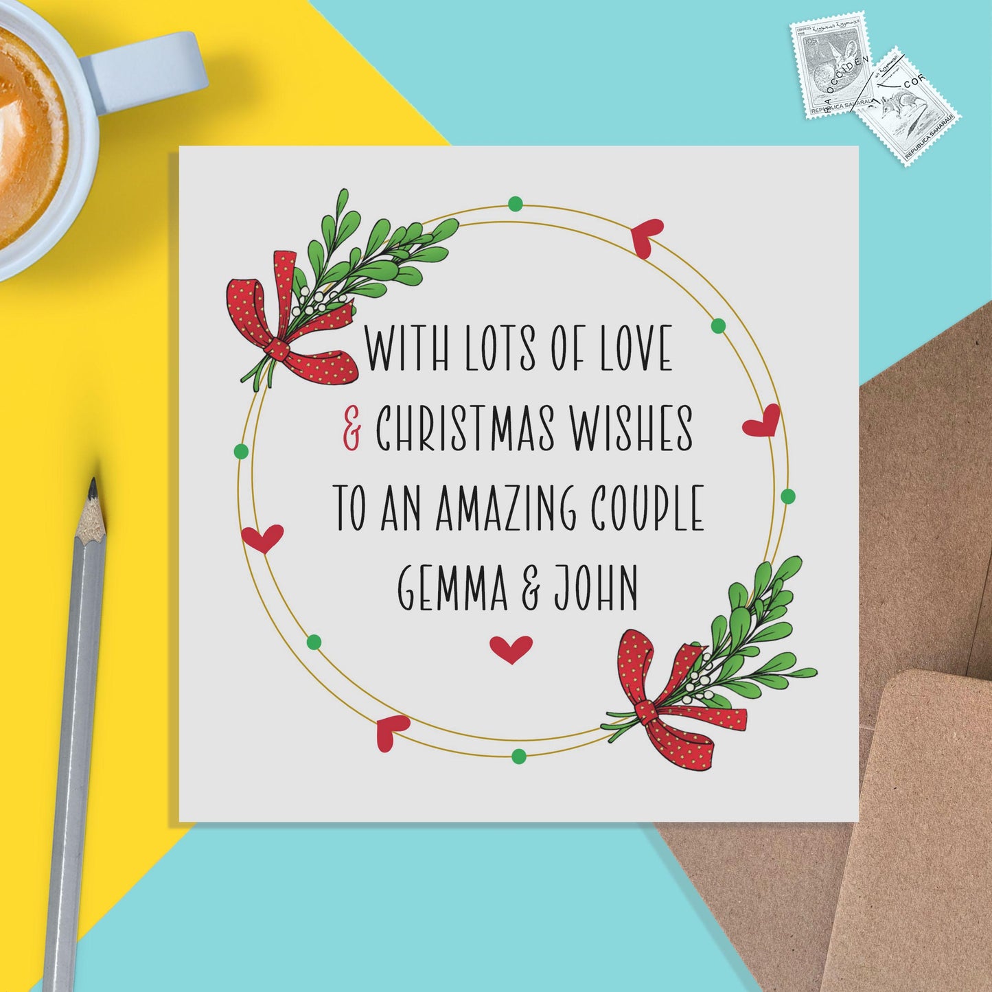 Personalised Christmas Card For Couple, Christmas Card For friends, Lots Of Love & Christmas Wishes - PMPrinted