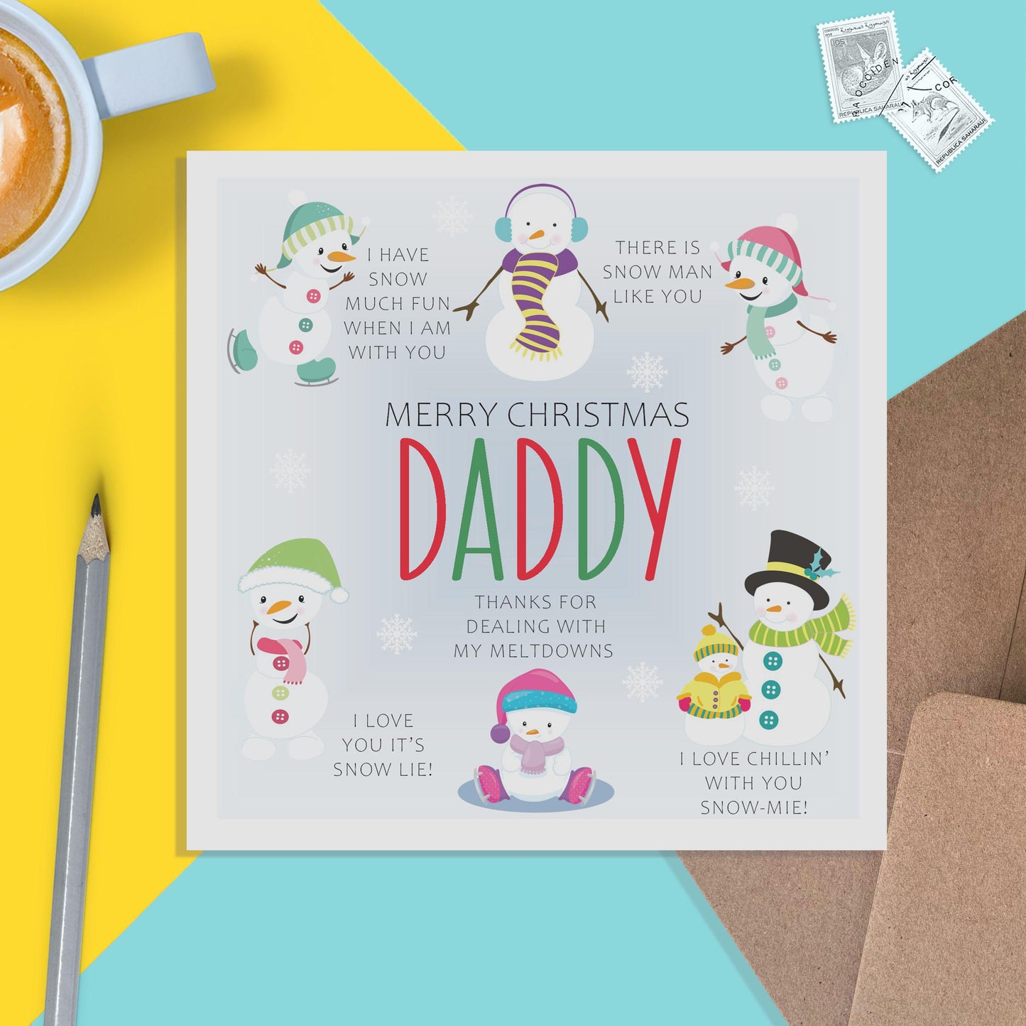 Daddy Snowman Christmas Card - Fun cute snowman puns - PMPrinted