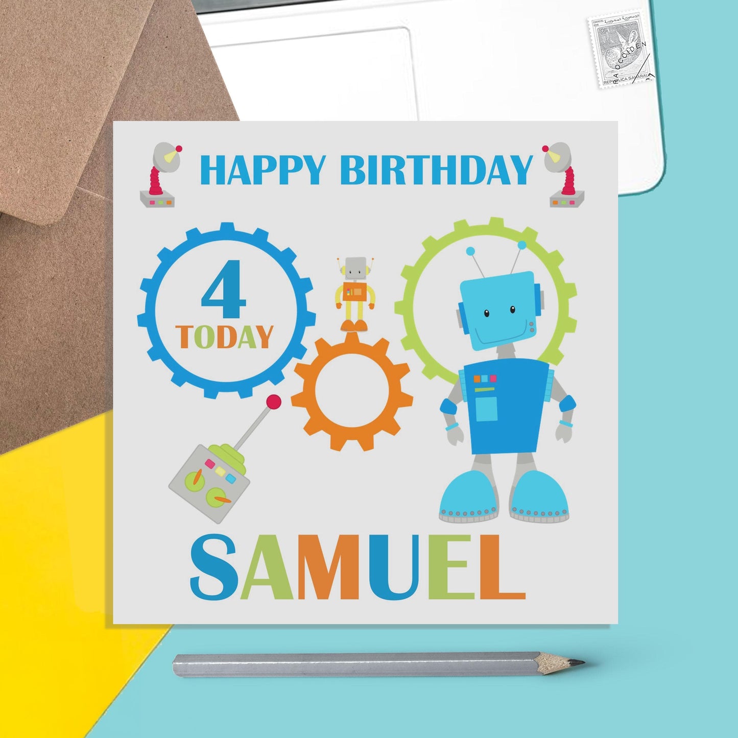 Children's Robot Birthday Card Personalised With Name And Age For Son, Nephew Or Grandson - PMPrinted