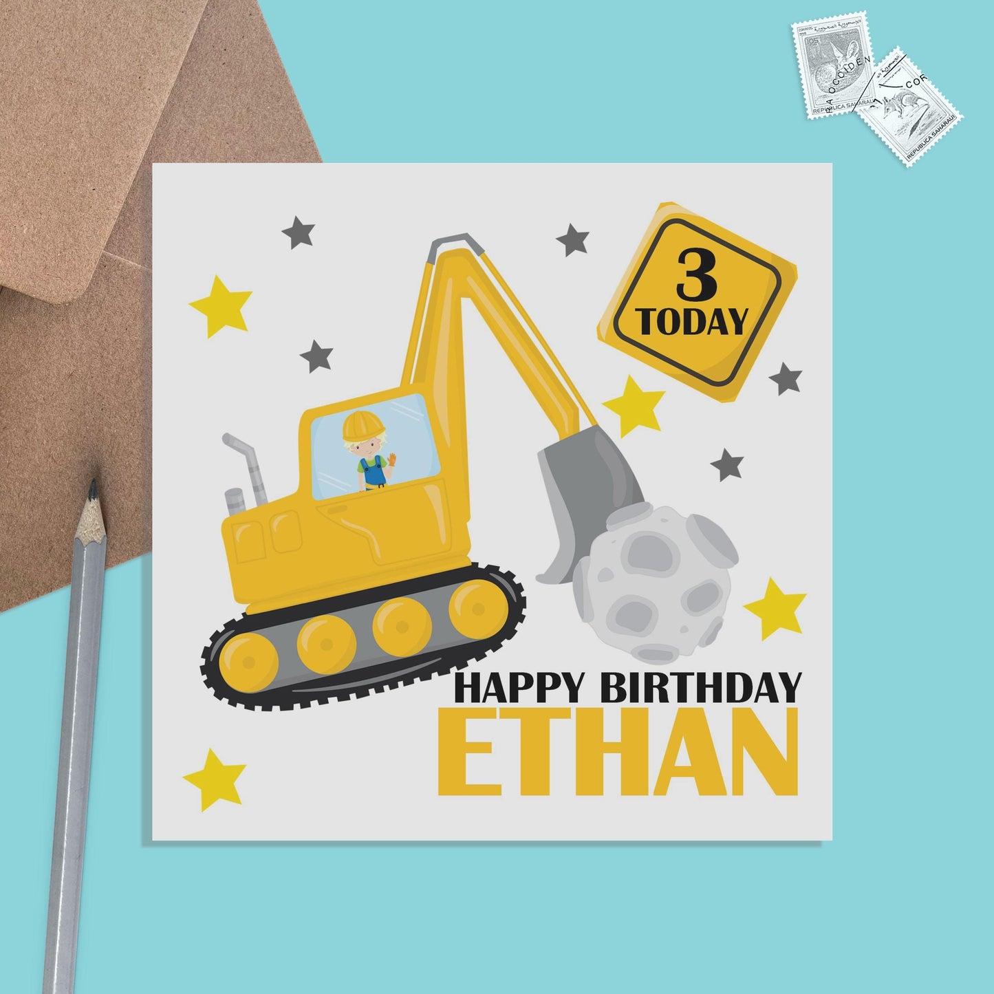 Children's Digger Birthday Card Personalised With Name And Age For Son Nephew Or Grandson - PMPrinted