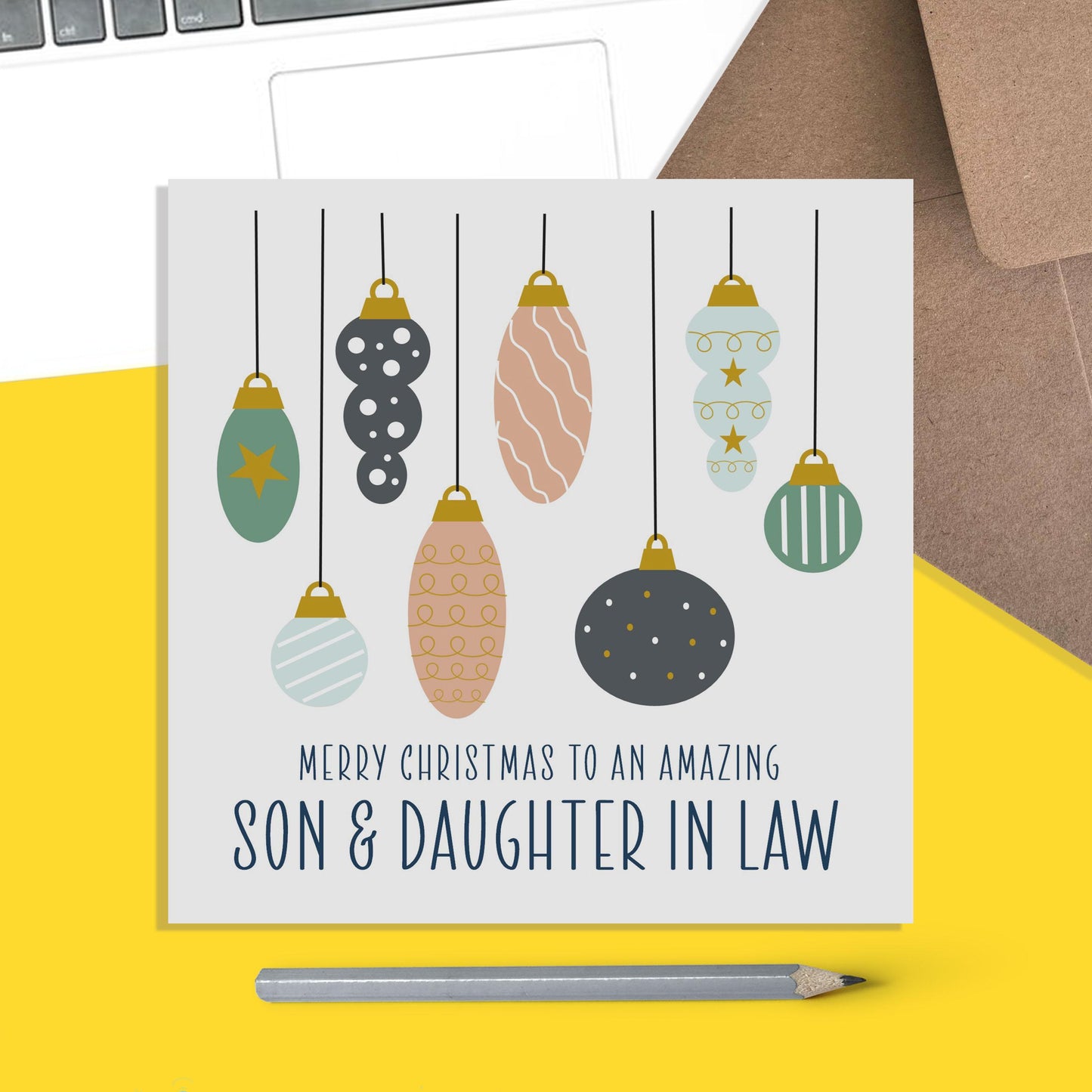 Son And Daughter In Law Christmas Card, Bauble Design - PMPrinted