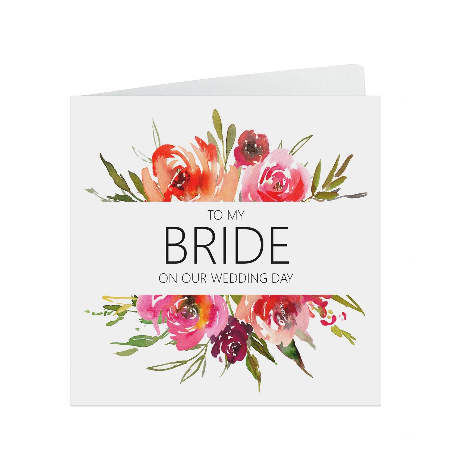 Red Floral Bride On Our Wedding Day Card - 6x6 Inches With A Kraft Envelope