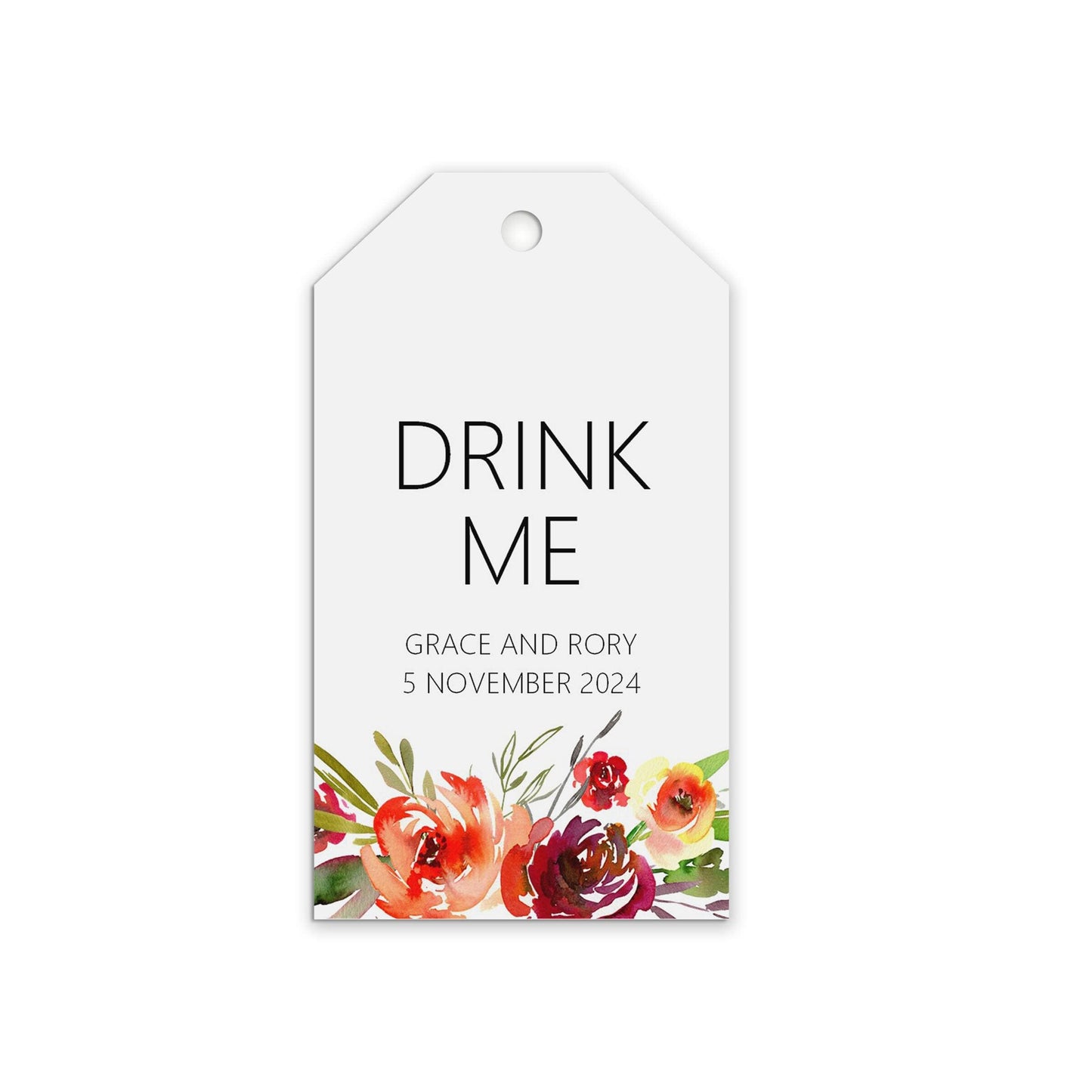 Wedding Favour Gift Tags, Drink Me Tags, Red Floral Design Personalised and Printed