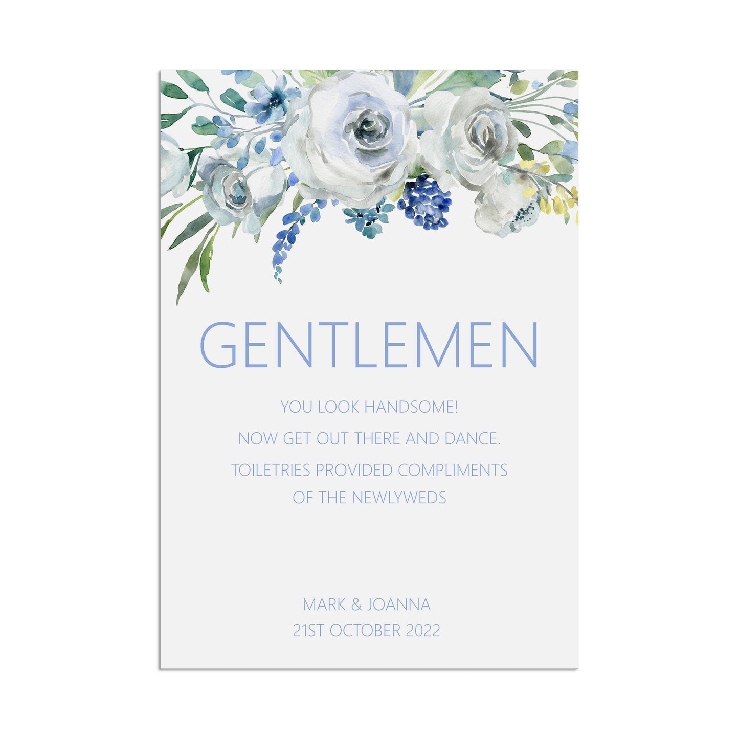 Wedding Sign - Blue Floral Gentlemen - Personalised & Printed Toileteries Sign, A5, A4, Or A3