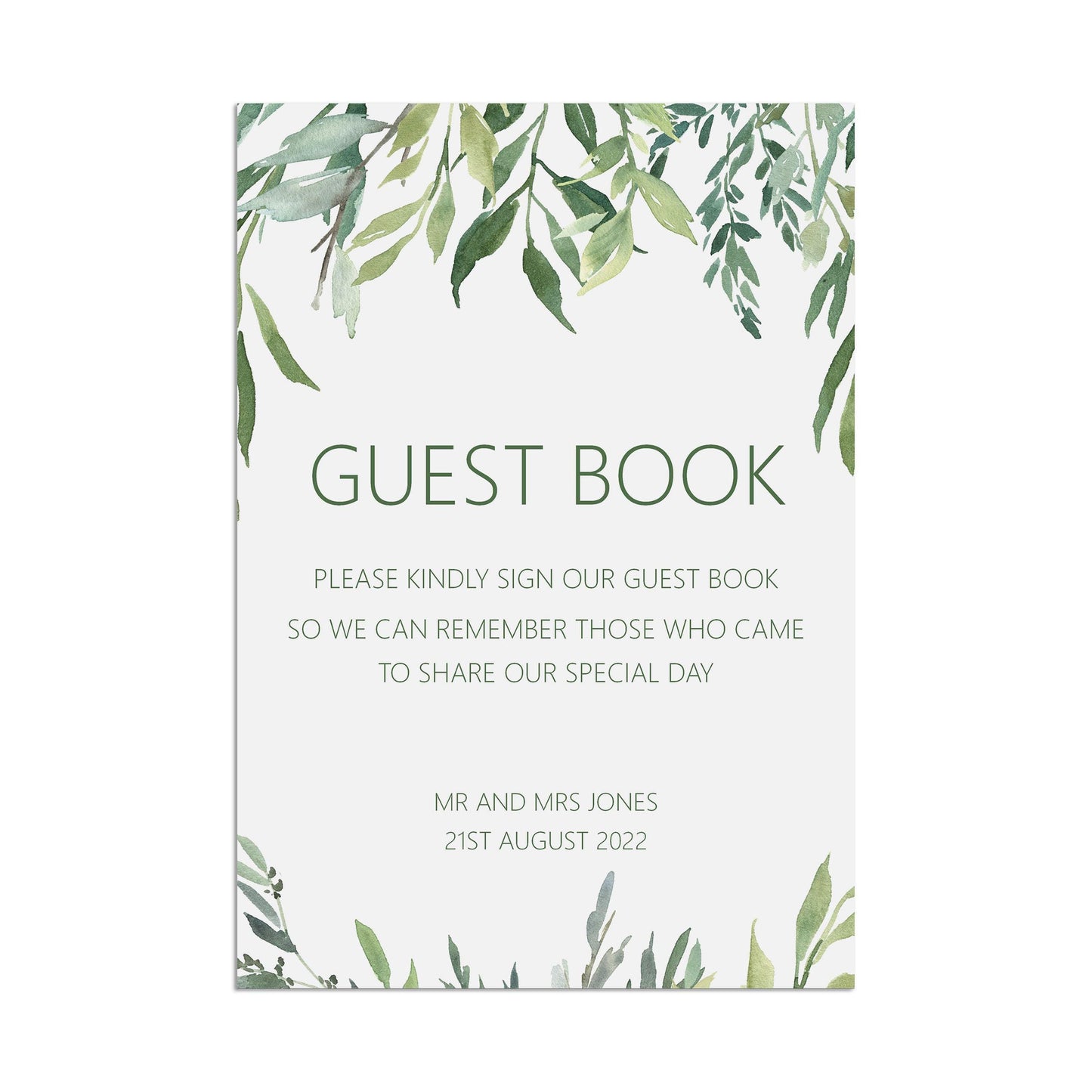 Wedding Sign - Greenery Guest Book - Personalised & Printed A5, A4 Or A3