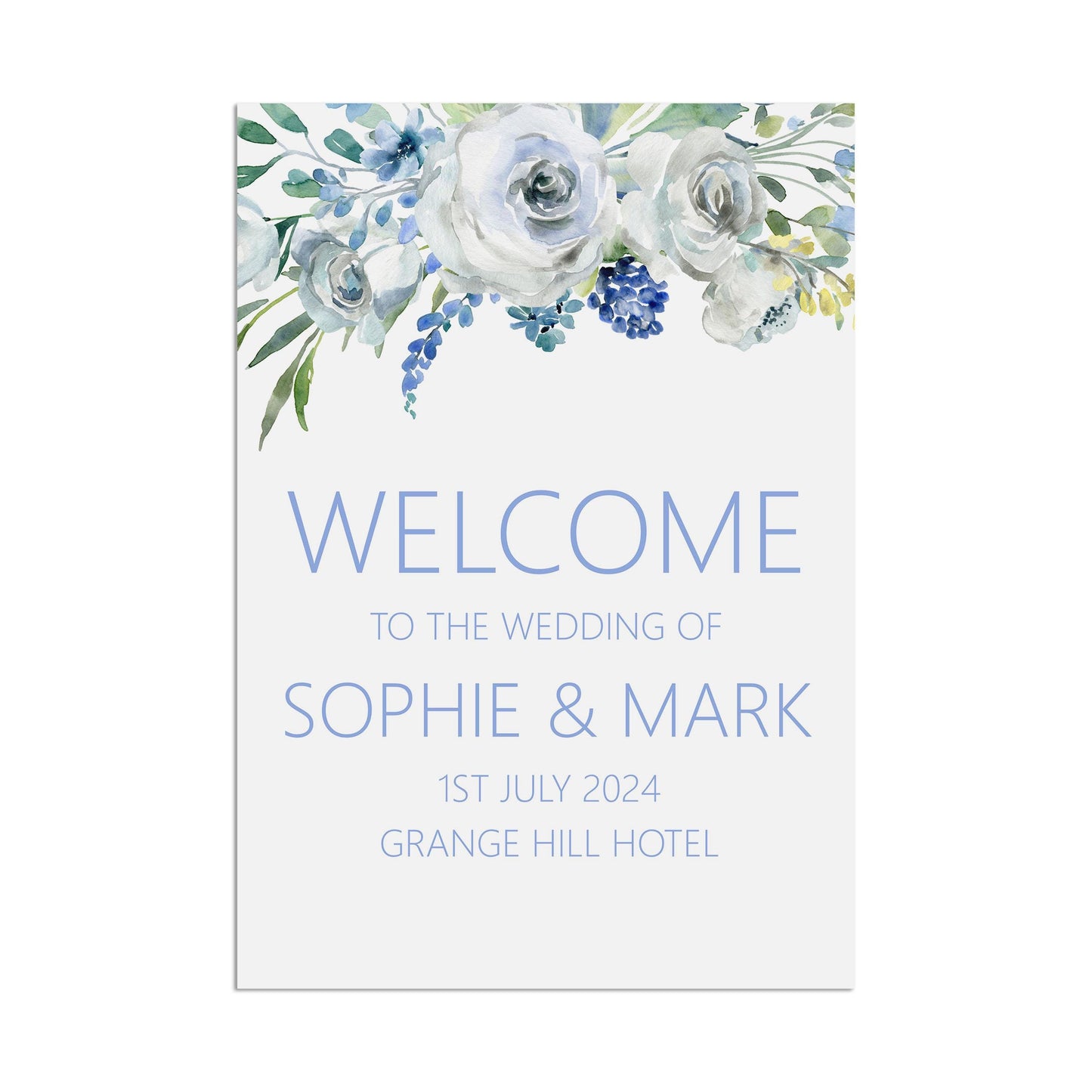 Blue Floral Welcome Wedding Sign, Welcome To The Wedding Off Venue Entrance - Personalised Poster