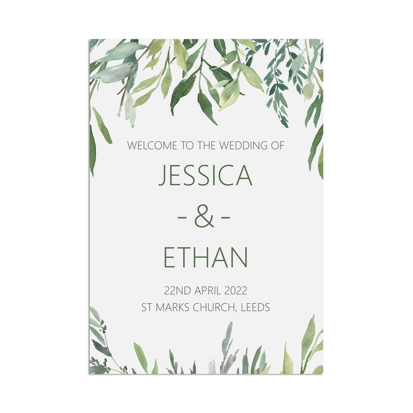 Greenery Welcome Wedding Sign - Personalised & Printed Greenery Poster
