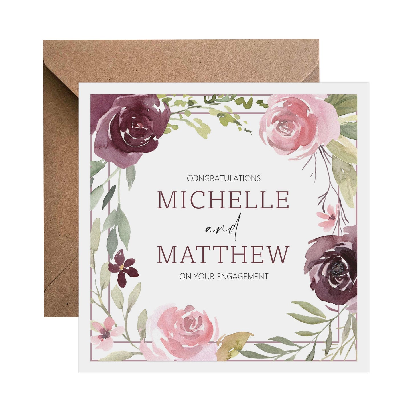 Engagment Card - Personalised Keepsake Card With Names - Mauve Floral Design - PMPrinted