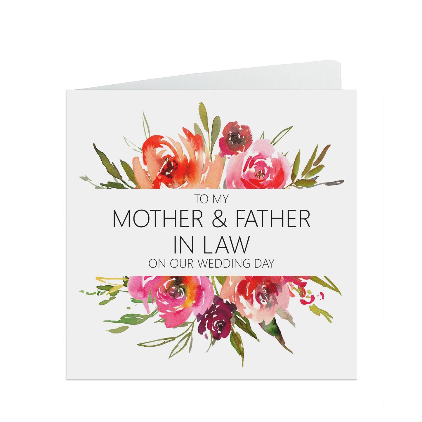 Red Floral Mother & Father In Law On Our Wedding Day Card - 6x6 Inches With A Kraft Envelope