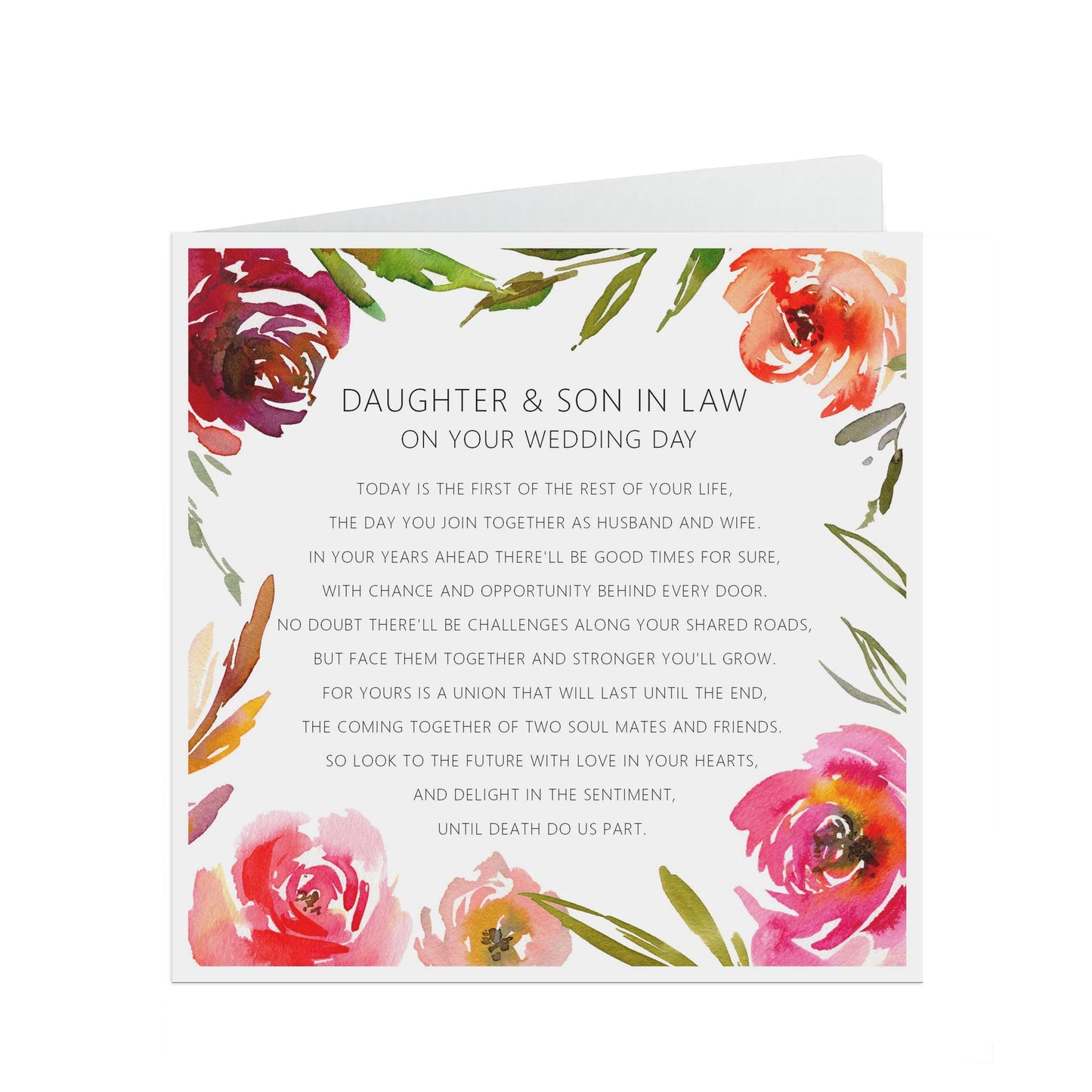 Red Floral Daughter & Son In Law On Your Wedding Day Card - 6x6 Inches With A Kraft Envelope