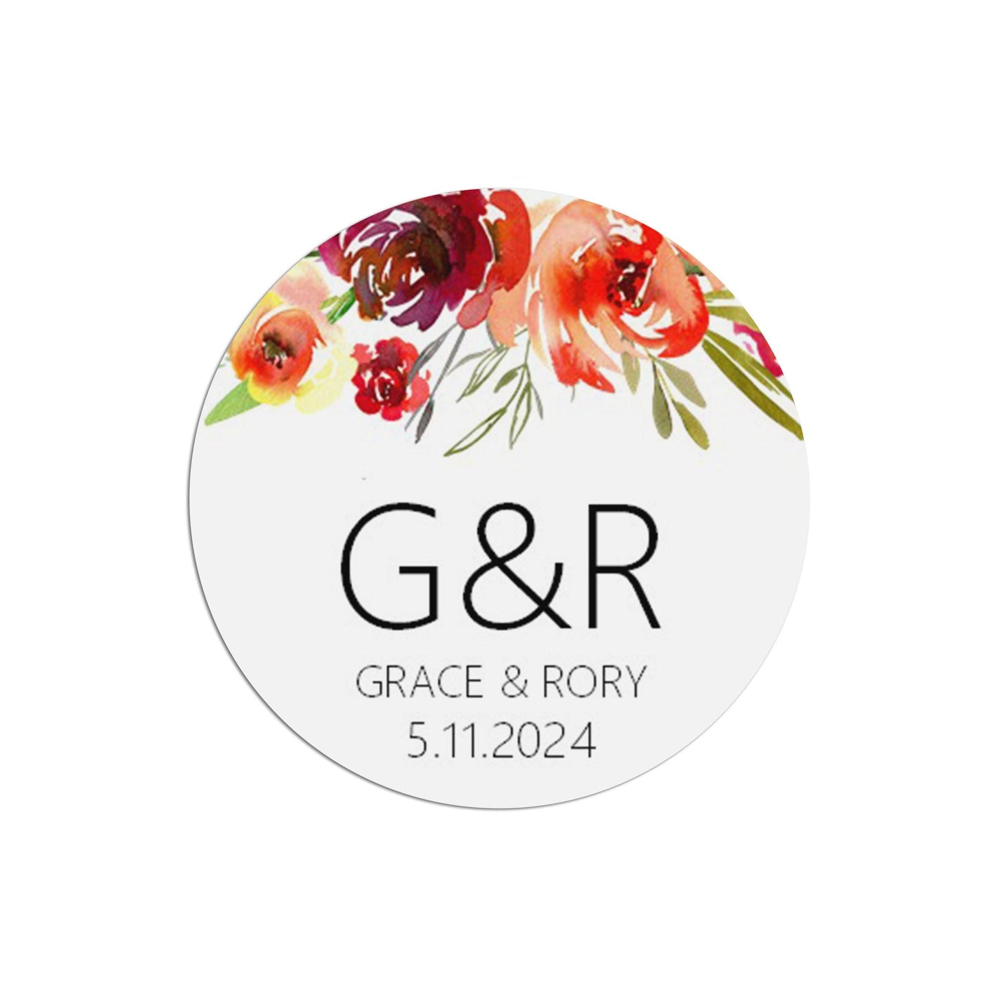Wedding Favour Stickers, Red Floral 'Monogram' - Personalised, 35 Stickers Per Sheet, 37mm Round