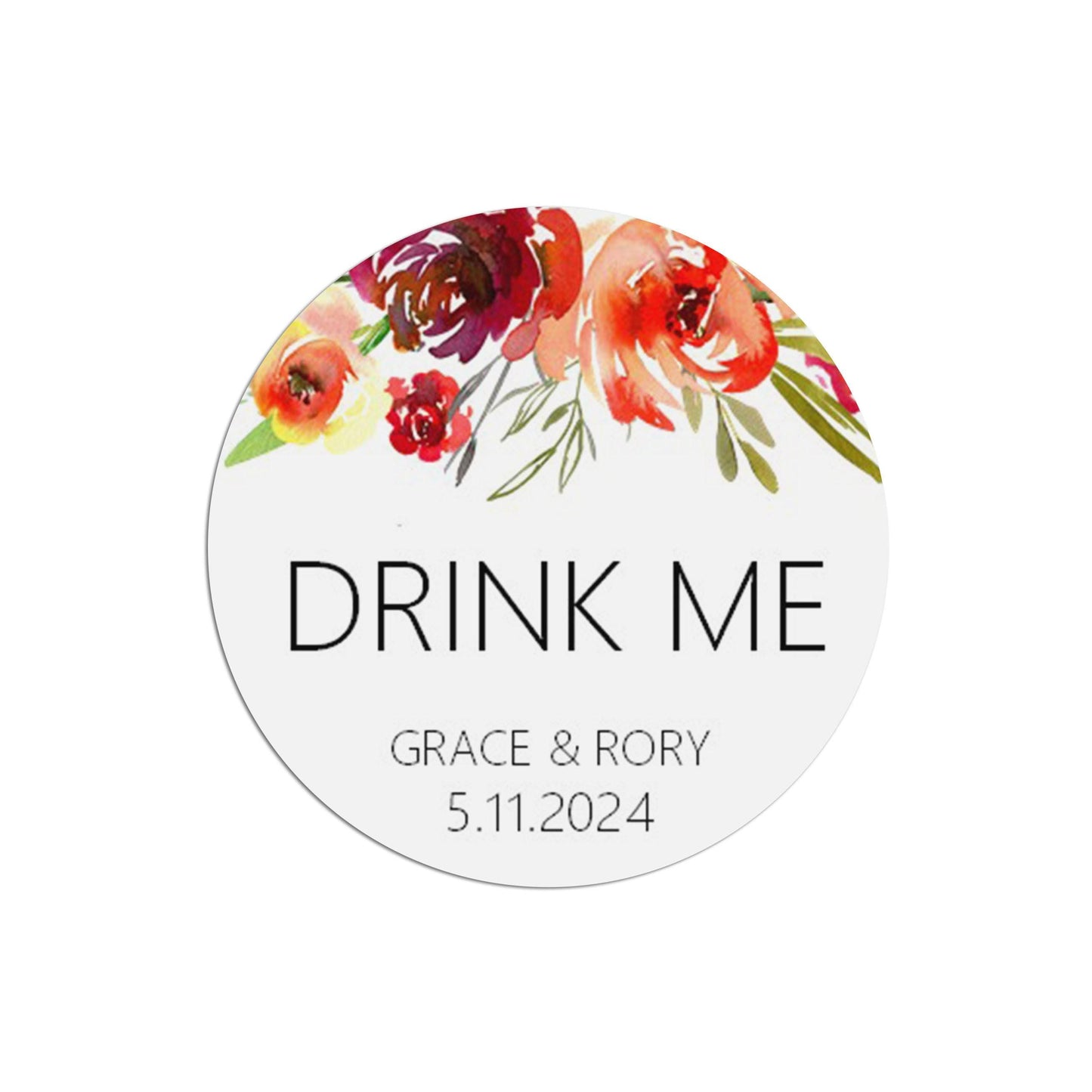 Wedding Favour Stickers, Red Floral 'Drink Me' Personalised - 35 Stickers Per Sheet, 37mm Round