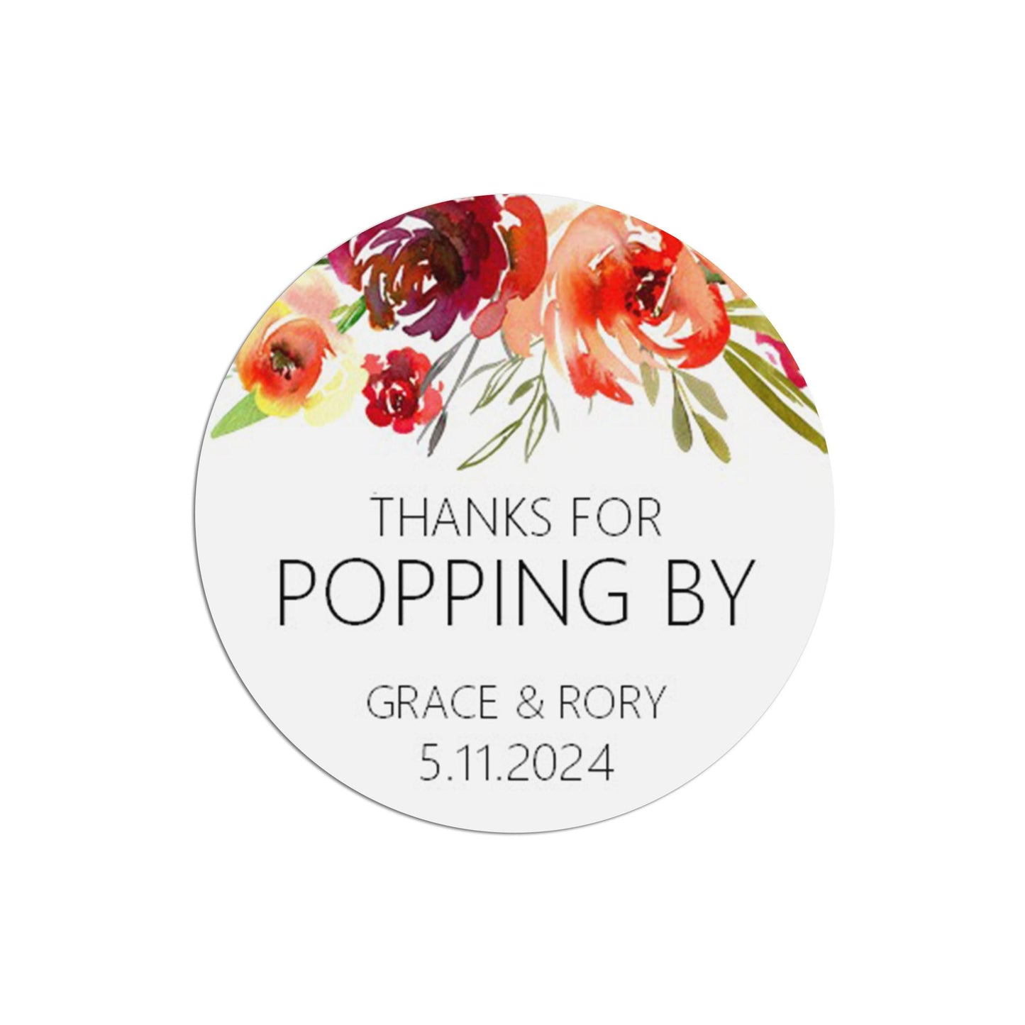 Wedding Favour Stickers, Red Floral 'Thanks For Popping By' Personalised - 35 Stickers Per Sheet, 37mm Round