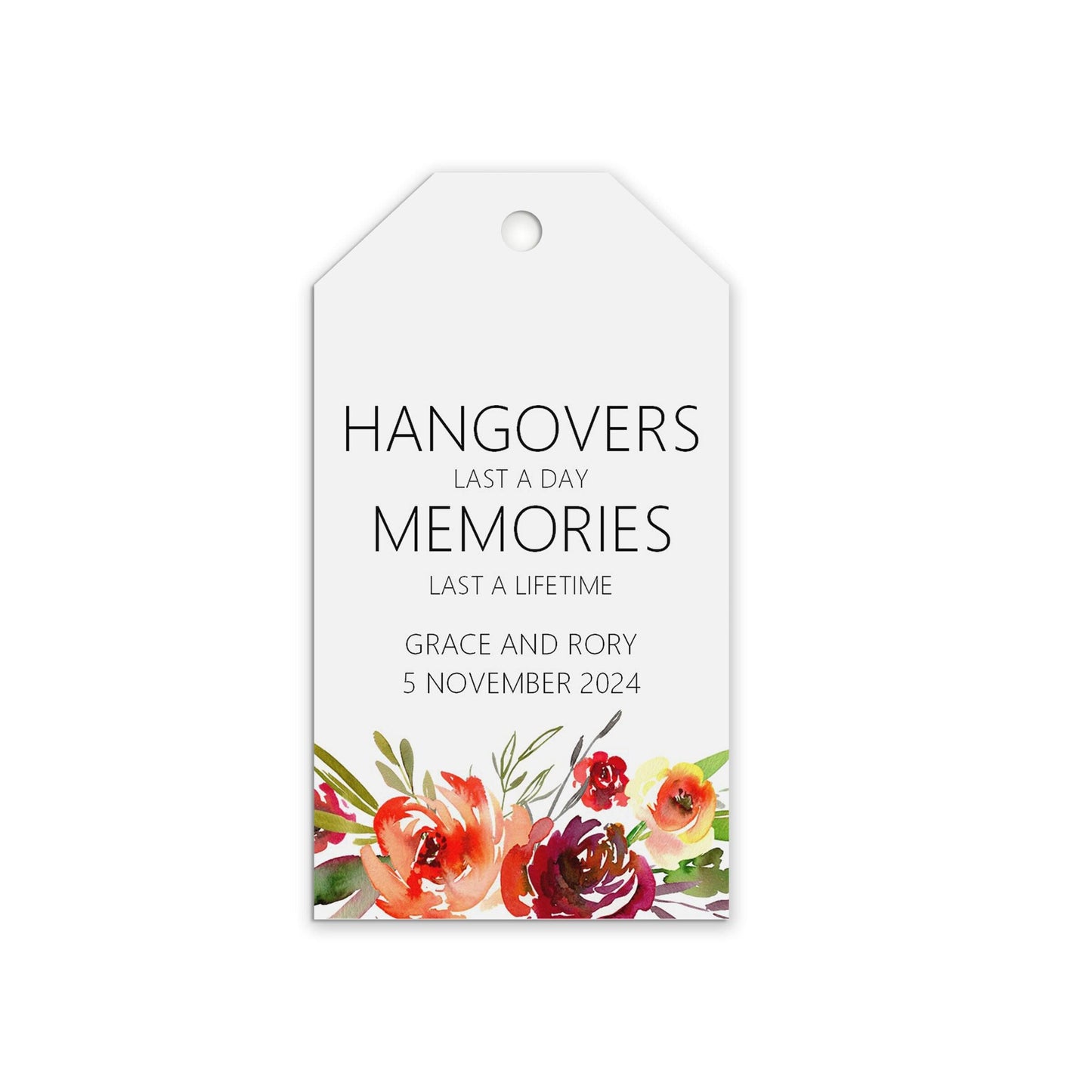 Wedding Favour Gift Tags, Hangover Kit Tags, Red Floral Design Personalised and Printed
