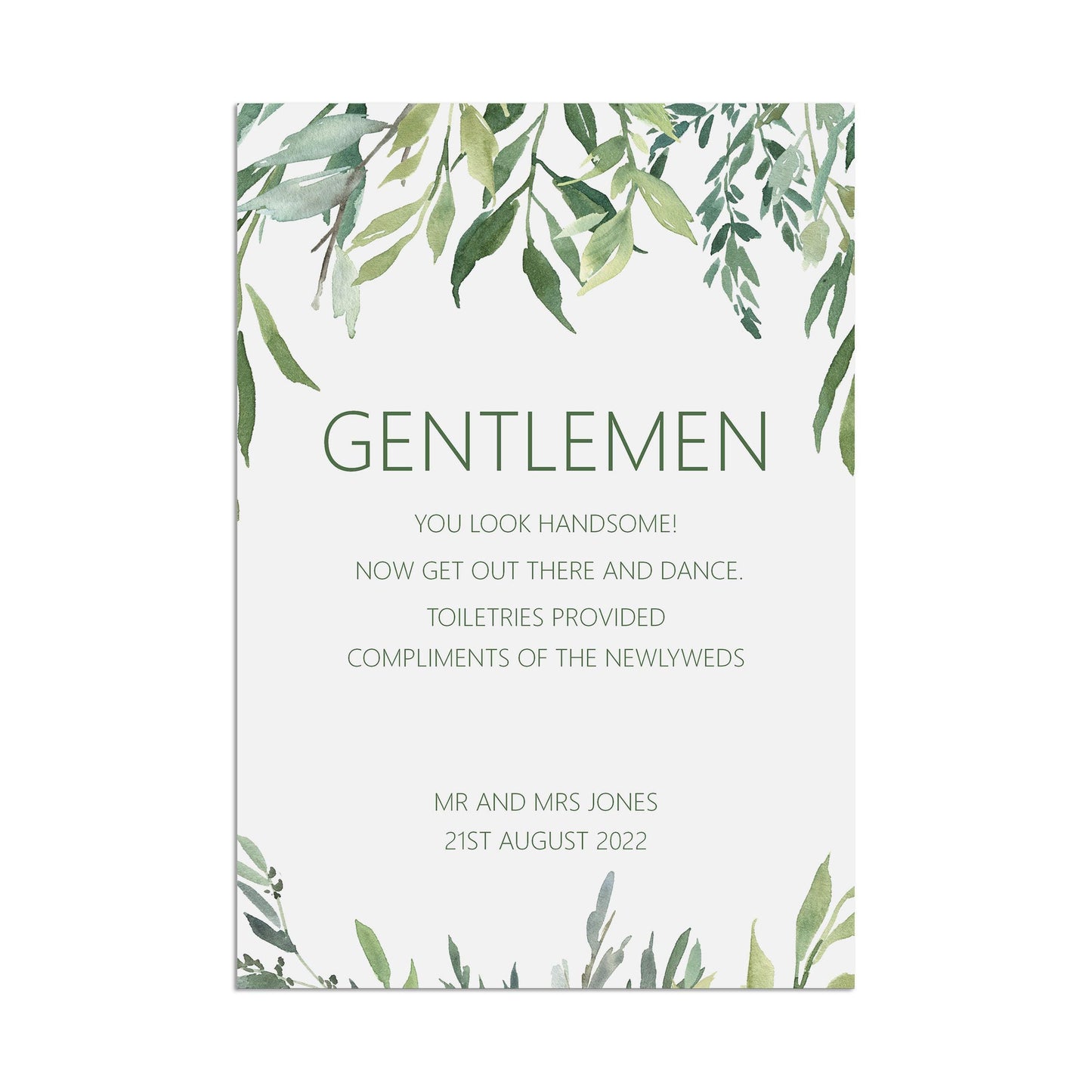 Wedding Sign - Greenery Gentlemen Toiletries - Personalised & Printed A5, A4 Or A3
