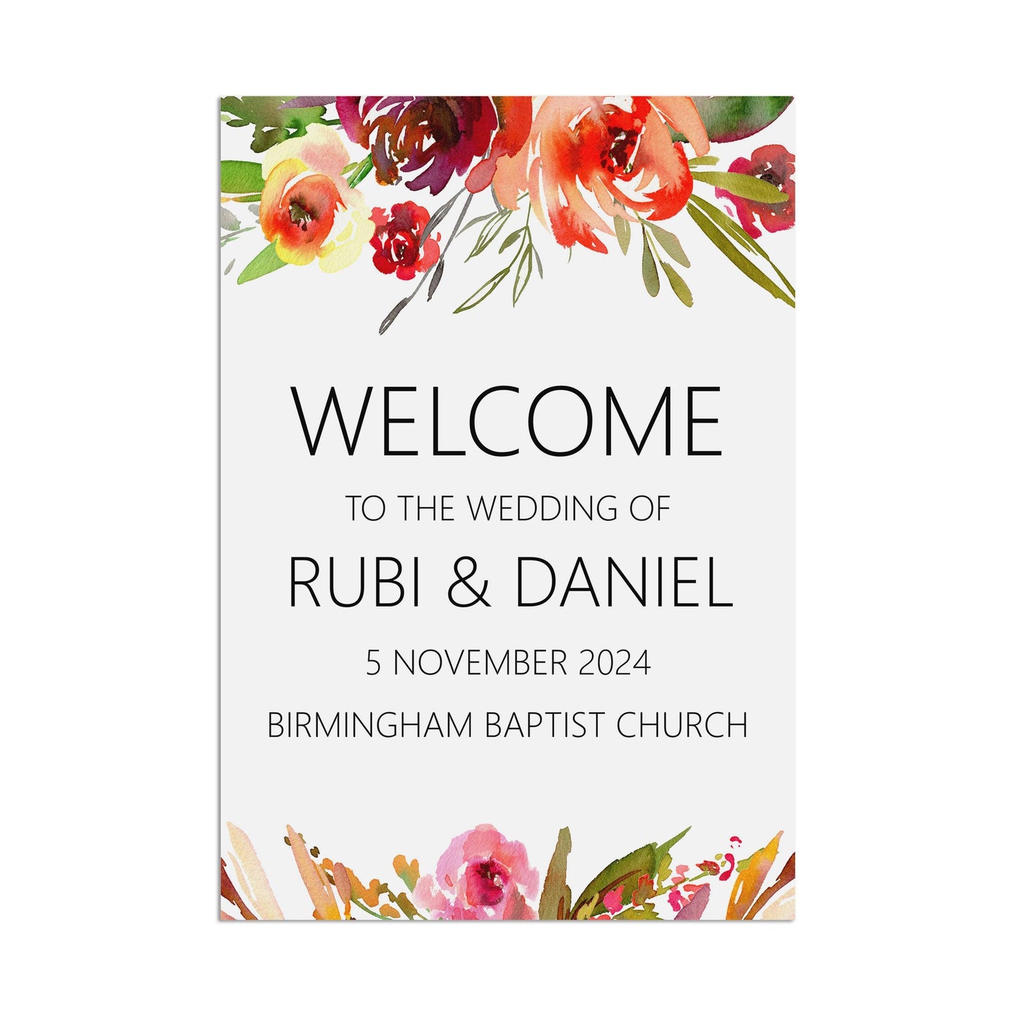 Red Floral Welcome To The Wedding Of Sign - Personalised & Printed A5, A4, A3